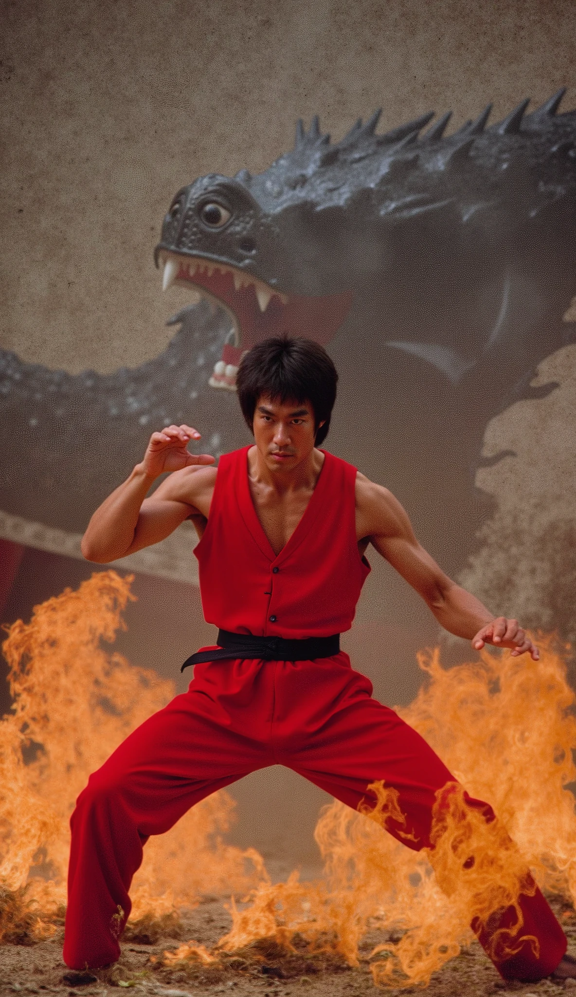 Bruce Lee as Liu Kang — The Legend Reborn
In the immensity of an interdimensional , where the battle between the forces of good and of Barely takes shape in a grand spectacle , an imposing figure stands out . It is Bruce Lee's penetrating gaze , now playing the role of Liu Kang , an ancient hero , master of the martial arts and chosen to combat the forces of darkness .
He wears the classic clothing of Liu Kang , a red top that reflects his dexterity and courage , tournament combined with black pants that give you agility and freedom to move quickly between your enemies. The physical, impeccably sculpted , reveals the perfect synthesis between strength and flexibility . Each movement he makes is a masterpiece of precision and speed , reminiscent of Bruce Lee's movements , but now with the mystical power of Liu Kang .
Your face, with the unmistakable traits of Bruce Lee , displays an expression of relentless determination , a reflection of the indomitable spirit Of the dragon . Your eyes shine with force From the ancestors , and his fists are as powerful as the legends that precede them .
Behind him, a silhouette of a dragon seems to come to life , a symbol of Liu Kang's power , a mythological creature that rises with fury and grace . The mystical energies of the tournament vibrate around , while Bruce Lee , now Liu Kang , advances with the certainty that nothing can stop the dragon that inhabits him Spirit .