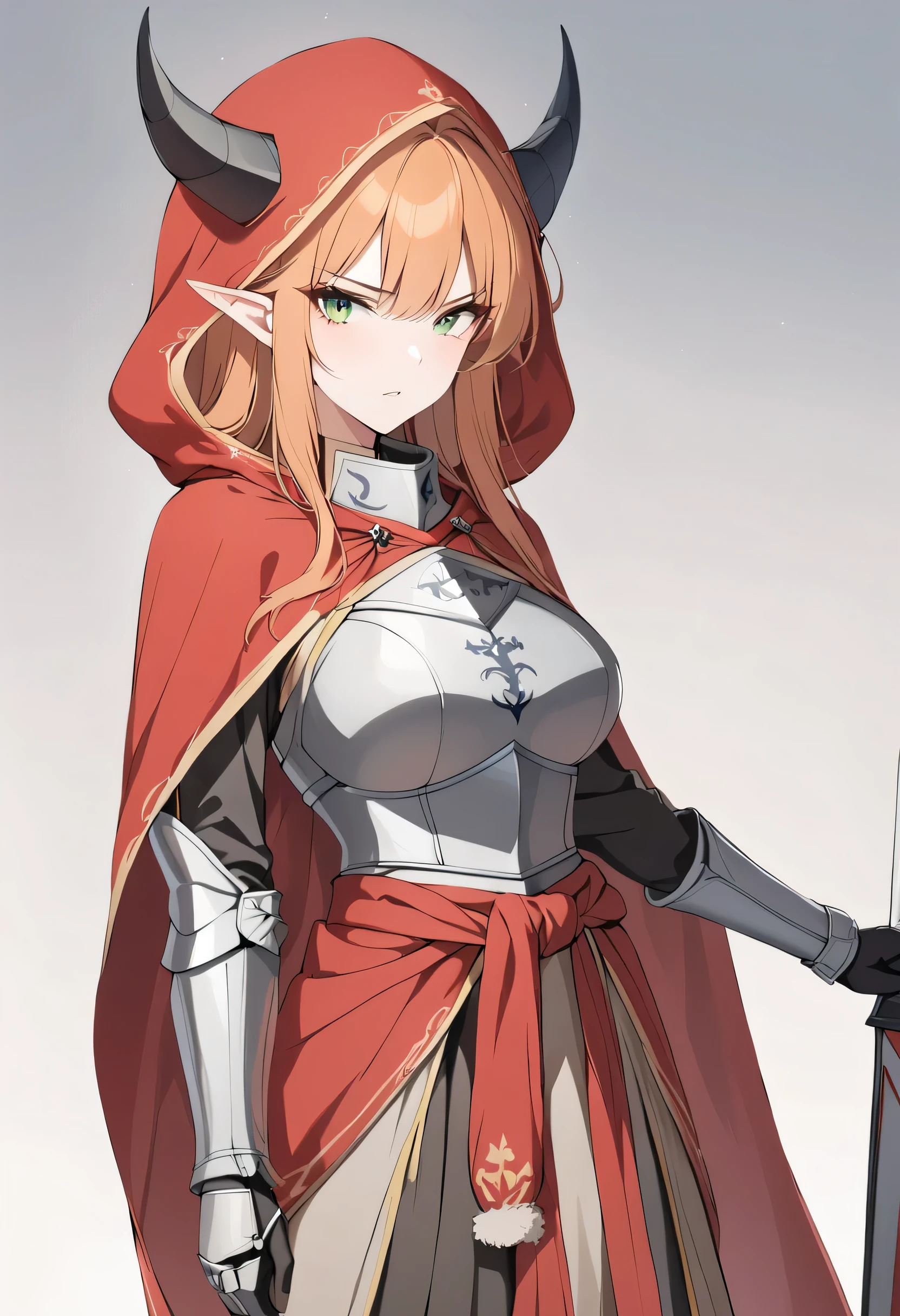 (1girl, Masterpiece, best quality) A mature elf female with (long length intense orange hair and sharp side-swept fringe). Neutral, sligthly serious expression. Her attire includes a red cloak with yellow trim that covers a hood (medieval-style red and gray metal knight armor). She has green eyes. She has a brown belt cinched around her waist and some dark gray fur around waist. She's wearing a red hood with attached gray horns to hood.