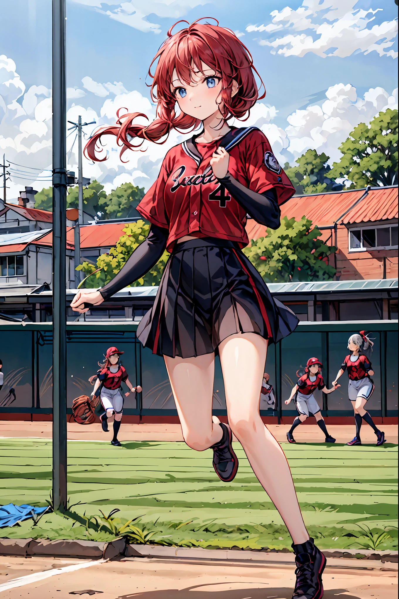(( highest quality)), ( very detailed), ( high definition CG synthesis 8K wallpaper), 高いly detailed, 高い-definition raw colbor photos, Professional Photoshoot, depth of written border ,(( Masterpiece)), (( highest quality)), (( highest quality)), (( super detailed)), ((8k CG wallpaper)), (( very delicate and beautiful )), ((figure)), ( high resolution),Female baseball player, baseball field, STADIUM, ground , homerun, Uniforms,Women's volleyball players doing southpaw , Hair, shortcuts, unkempt hair,Short braided hair,Neat, slender beautiful woman,Correct posture,Small chest, beautiful legs, has enchanting gray-blue eyes that shine like stars, droopy eyes , vibrant colors, beautiful eyes,A delicate smile,Textured Skin, Best Quality at its Best , gentle and beautiful woman , anime style、,