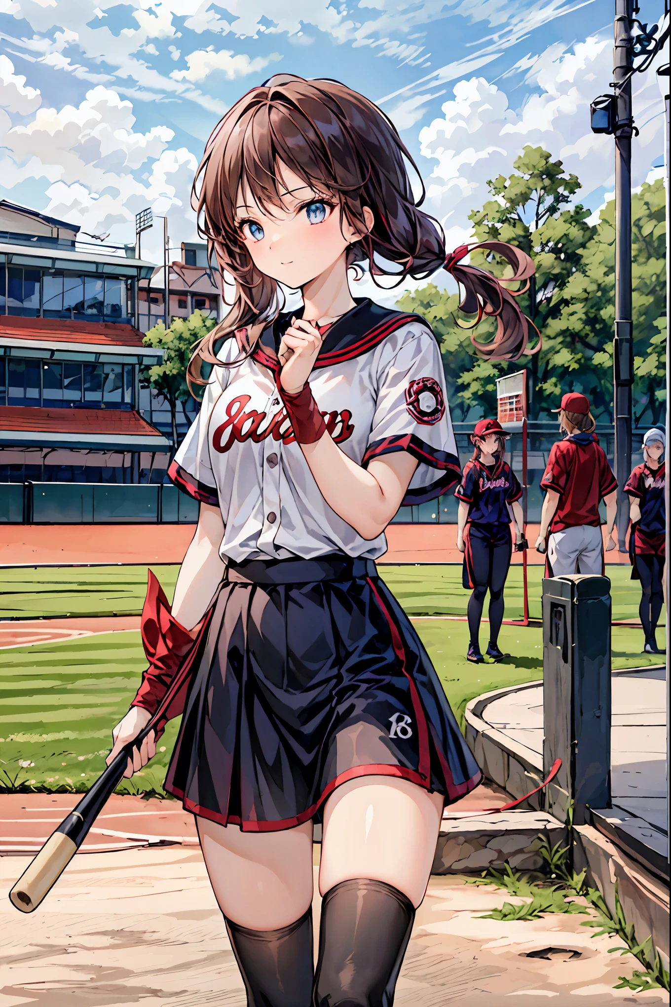 (( highest quality)), ( very detailed), ( high definition CG synthesis 8K wallpaper), 高いly detailed,  高い-definition raw colbor photos,  Professional Photoshoot,   depth of written border ,(( Masterpiece)), (( highest quality)), (( highest quality)), (( super detailed)), ((8k CG wallpaper)), (( very delicate and beautiful )), ((figure)), ( high resolution),Female baseball player， baseball field， STADIUM， ground ， homerun， Uniforms，Women's volleyball players doing southpaw ， Hair， shortcuts， unkempt hair，Short braided hair，Neat， slender beautiful woman，Correct posture，Small chest， beautiful legs， has enchanting gray-blue eyes that shine like stars， droopy eyes ， vibrant colors, beautiful eyes,A delicate smile,Textured Skin, Best Quality at its Best , gentle and beautiful woman , anime style､，