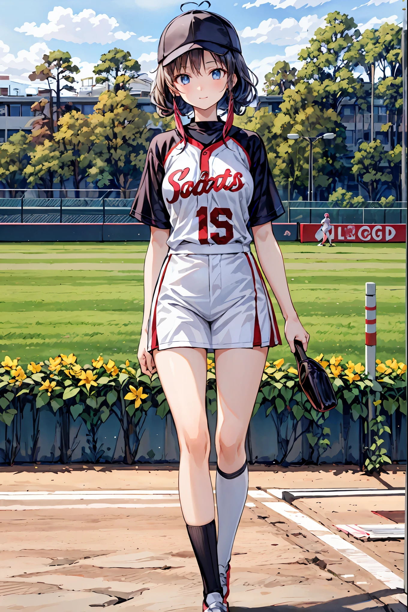 (( highest quality)), ( very detailed), ( high definition CG synthesis 8K wallpaper), 高いly detailed,  高い-definition raw colbor photos,  Professional Photoshoot,   depth of written border ,(( Masterpiece)), (( highest quality)), (( highest quality)), (( super detailed)), ((8k CG wallpaper)), (( very delicate and beautiful )), ((figure)), ( high resolution),Female baseball player， baseball field， STADIUM， ground ， homerun， Uniforms，Women's volleyball players doing southpaw ， Hair， shortcuts， unkempt hair，Short braided hair，Neat， slender beautiful woman，Correct posture，Small chest， beautiful legs， has enchanting gray-blue eyes that shine like stars， droopy eyes ， vibrant colors, beautiful eyes,A delicate smile,Textured Skin, Best Quality at its Best , gentle and beautiful woman , anime style､，