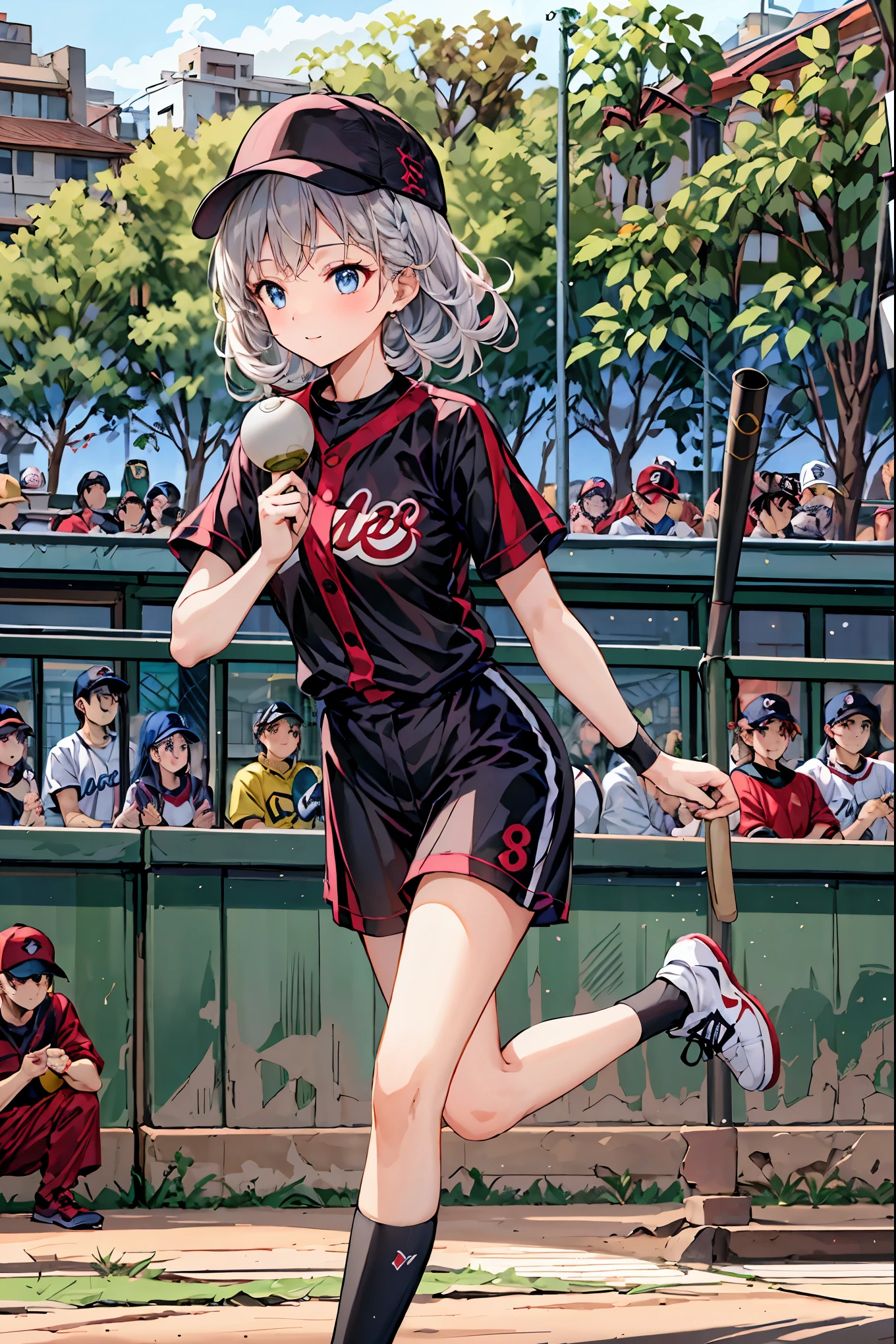 (( highest quality)), ( very detailed), ( high definition CG synthesis 8K wallpaper), 高いly detailed, 高い-definition raw colbor photos, Professional Photoshoot, depth of written border ,(( Masterpiece)), (( highest quality)), (( highest quality)), (( super detailed)), ((8k CG wallpaper)), (( very delicate and beautiful )), ((figure)), ( high resolution),Female baseball player, baseball field, STADIUM, ground , homerun, Uniforms,Women's volleyball players doing southpaw , Hair, shortcuts, unkempt hair,Short braided hair,Neat, slender beautiful woman,Correct posture,Small chest, beautiful legs, has enchanting gray-blue eyes that shine like stars, droopy eyes , vibrant colors, beautiful eyes,A delicate smile,Textured Skin, Best Quality at its Best , gentle and beautiful woman , anime style、,