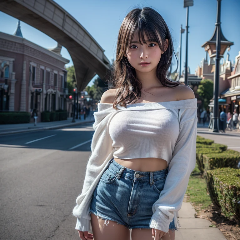 (8k, RAW photo, best quality, mastery:1.3), (realistic, photo-realistic:1.37), (looking viewer:1.331), (brunette hair), posing raunchy Seductively, Side view, standing and leaning against a wall, vintage street, fantasy city, soft light, 1girl, full body, beautiful thighs, extremely beautiful face , Perfect body proportions, (small face: 1.1), bust, casual hairstyle, smile, big eyes, (off-shoulder slip mini shorts, cowboy hat, boots), mix4, detailed eyes