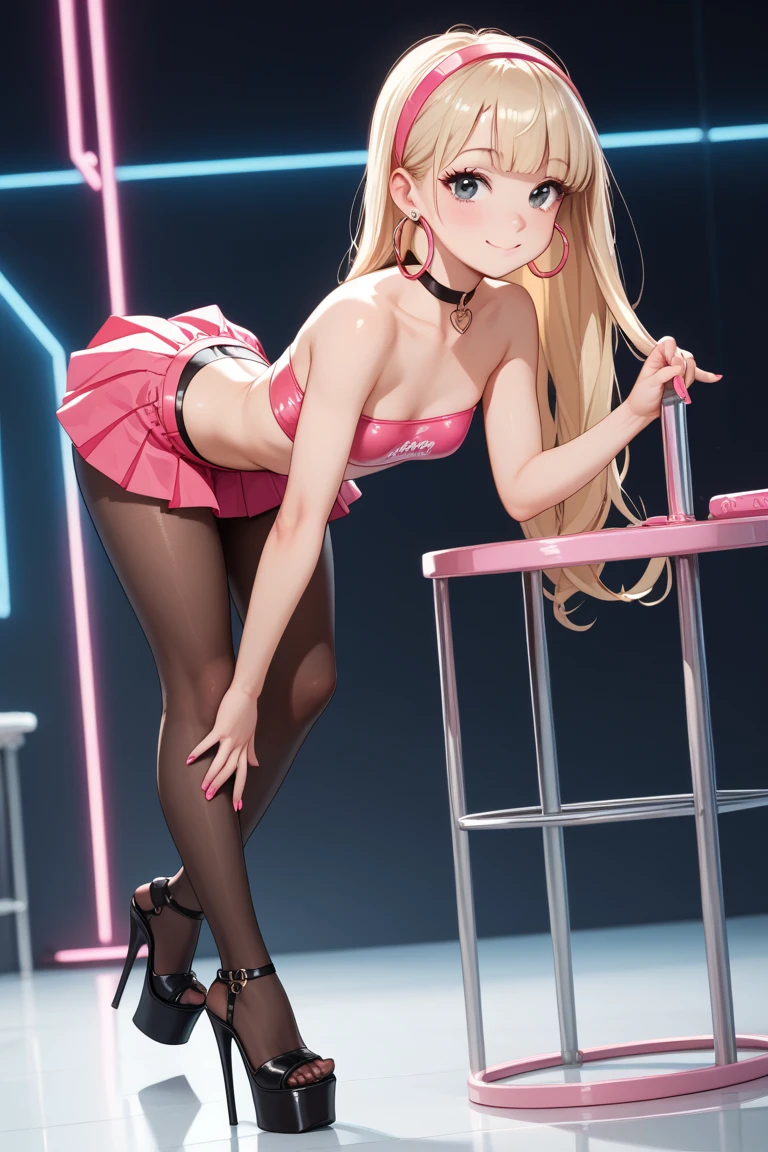 masterpiece, best quality, highres, kitagawa marin, 1girl, blonde hair, long hair, swept bangs, gradient hair, red eyes, jewelry, earrings, piercing, glossy lips, lips parted, blush, idol dress, puffy skirt, flared skirt, high heels, (view from behind), (ass view), upskirt, panties