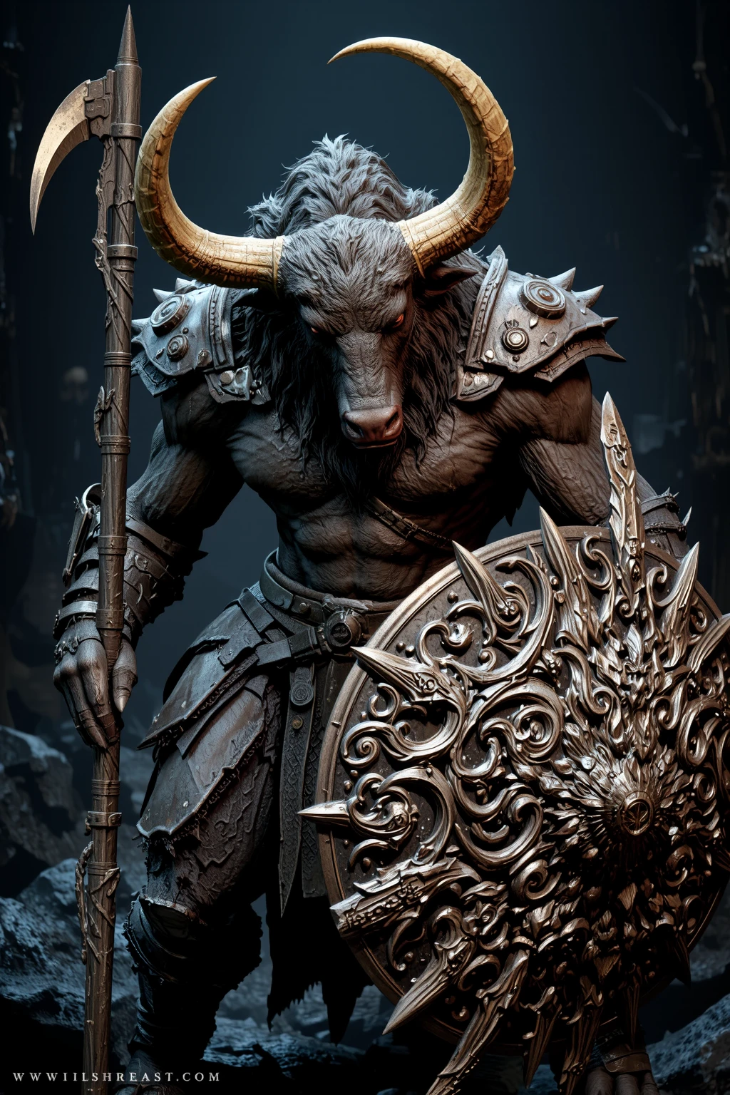 Anime-style skeletal minotaur: A majestic skeletal Minotaur , with an imposing skeletal bull's head adorned with deep spiral horns, olhos expressivos. atletic, nenhuma armadura impressionante com detalhes intrincados. The bull has no skin or hair. He's on his feet, Pronto para a batalha, a large axe in one hand and a determined expression on his face. The backdrop is an epic backdrop with dramatic clouds and rays of sunshine strewn across the sky. a piece of pectoral armor