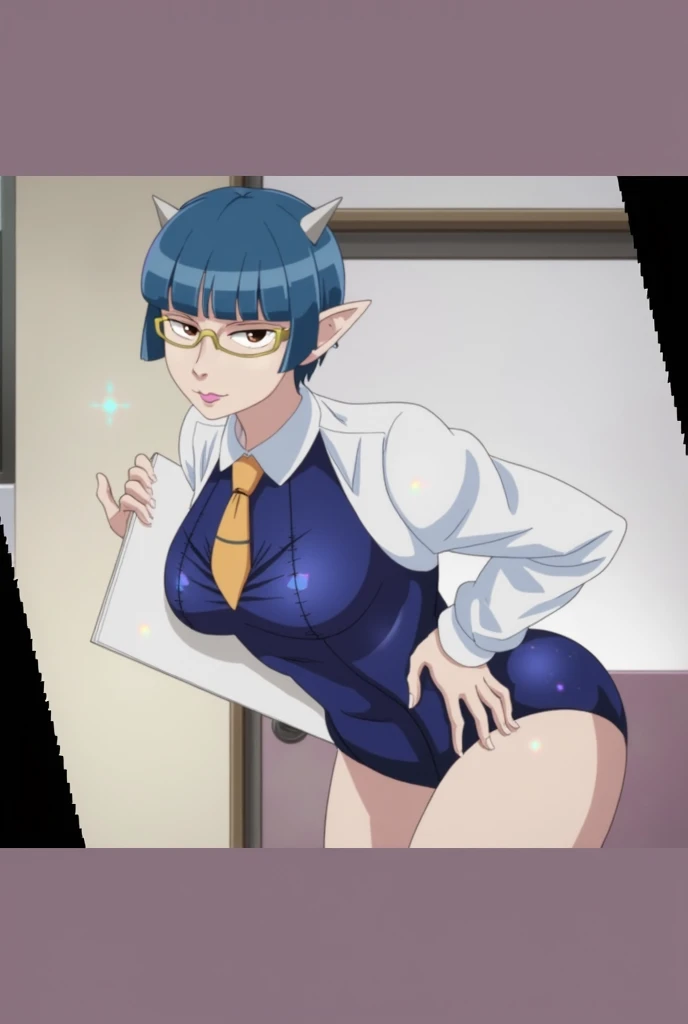 ((1girl)),((alone)), zenia,(masterpiece), (best quality), (ultra detailed), (best illustration), (best shadow), (absurdities), sharp focus, cowboy shot, dynamic posture looking at the viewer, big breasts, narrow waist, wide hips, wide thighs, round butt, erotic, romantic, (very detailed eyes, lips 1.1), very detailed eyes, eyes, Very detailed face, Very beautiful face, full height , beautiful slim figure, femininity, expressive appearance, elastic big breasts, increased sexuality, blue hair, short hair, blue eyes, pointed ears, horns, suit, glasses, wearing a navy blue swimming suit over a shirt, collared shirt, short orange tie, no skirt, no pants, blue heels, defined body, perfect and beautiful body, perfect and beautiful, mouth closed, calm expression, blushing, (sexy pose: 1.2), ((only)), standing: 1.3 , interior, cityscape, apartment, terrace, railing, city lights, night, looking forward, ((focus on thighs)), point of view (from below), red blush, perfect anatomy, perfect hands,
