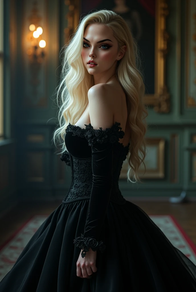 Create a white blonde model wearing a black Victorian era 1800s dress full of black sequins with a large cleavage and a thin waist.