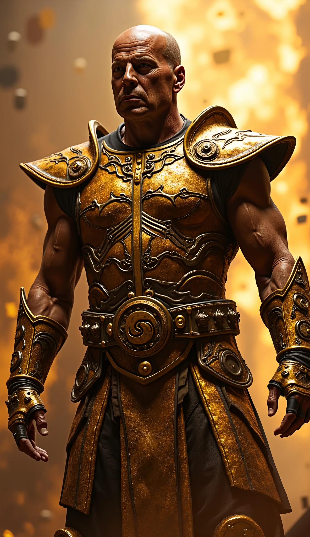 Bruce Willis como shao kahn – O Imperador da Guerra
Em um mundo dominado pelo caos e pela violência, a new leader emerges from the shadows , a sinister and imposing figure who carries the weight of an empire on his back . He is not just a ruler - he is a tyrant , an unbeatable emperor . É Bruce Willis, agora no papel de shao kahn, the dreaded ruler of Outworld .
With his firm stance and unfounded in brute force , Bruce Willis transforma-se em shao kahn com uma presença esmagadora. His muscular and imposing body is surrounded by golden armor , designed to reflect the opulence and cruelty of an emperor who conquered everything with an iron hand. His metallic mask , that covers part of her face , is a symbol of your absolute power , but her penetrating eyes , visible through the gaps , exude a calculating and thirsty gaze for destruction .
Bruce Willis's voice , agora reverberando com o tom profundo e ameaçador de shao kahn, echoes through the arena , transmitting an authority that admits no challenge . " Defeat is a privilege for the weak ", He proclaims , while raising your iconic hammer , a weapon that symbolizes his dominance . With a single blow , his hammer can reduce any opponent to rubble , and his presence in battle is a spectacle of pure force and cruelty .
Your face, happens with the unmistakable traits of Bruce Willis , carries a cold and ruthless expression , as if the weight of an entire empire were on your shoulders . He looks at his opponents with absolute contempt , 's deep and ominous tone as if he knew that none of them are a match for his supremacy .
On a stage of destruction and war , shao kahn, embodied by Bruce Willis , is the definitive ruler , bringing death and chaos wherever . An unparalleled emperor , whose will is law , and whose destructive hammer is the final sentence .