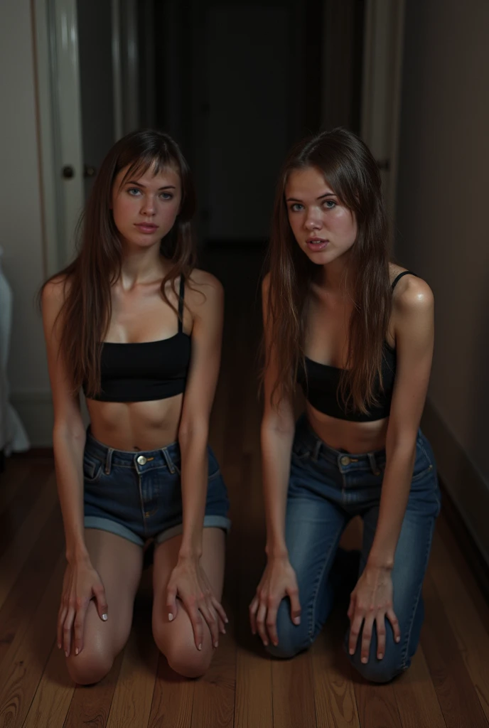 (One head young child:1.5), (one head adult:1.5), (a redhead and a blonde:1.3), (uncomfortable:1.5)