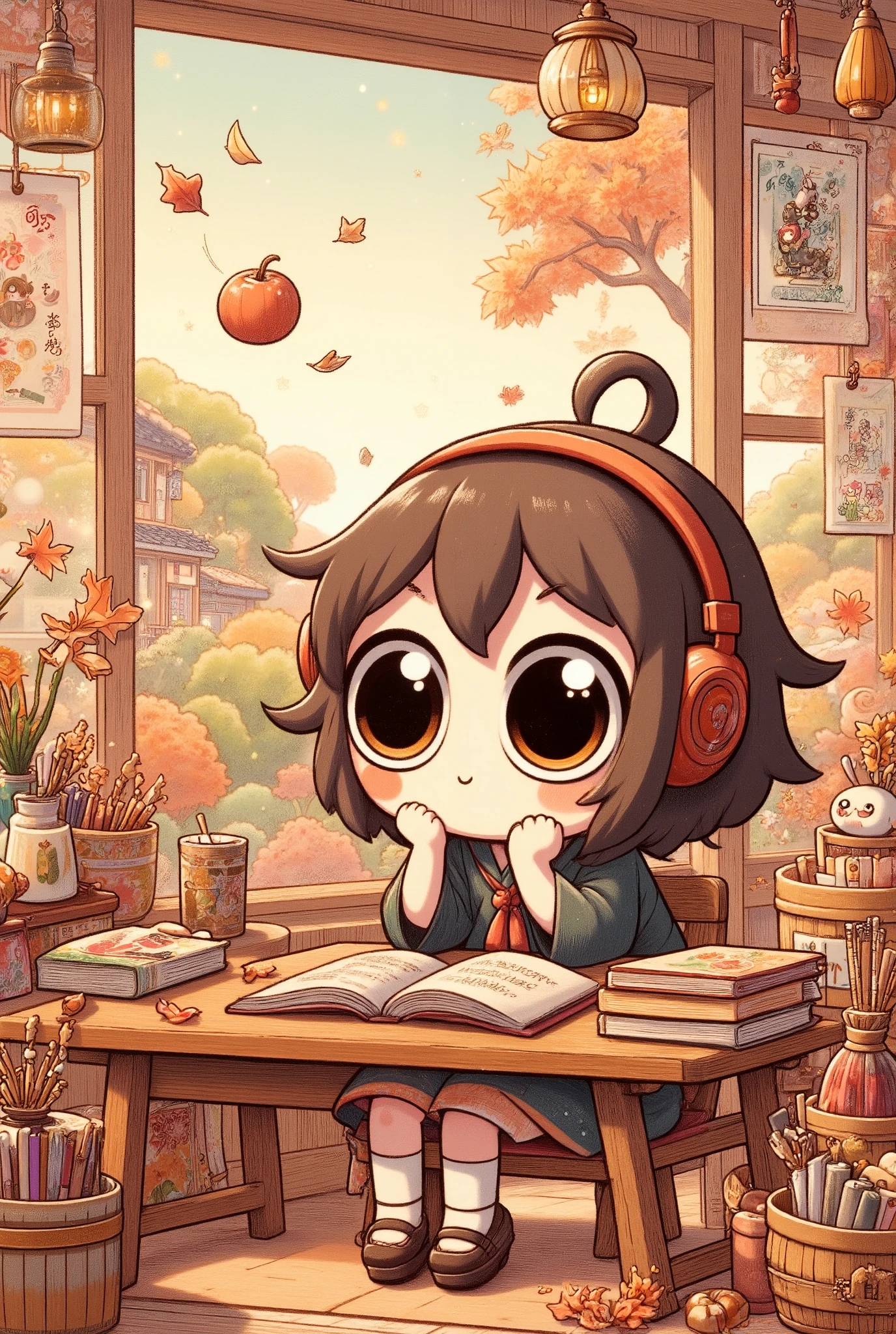 "A cute anime girl with headphones, studying at a desk, window open with autumn leaves falling, soft cozy lighting."