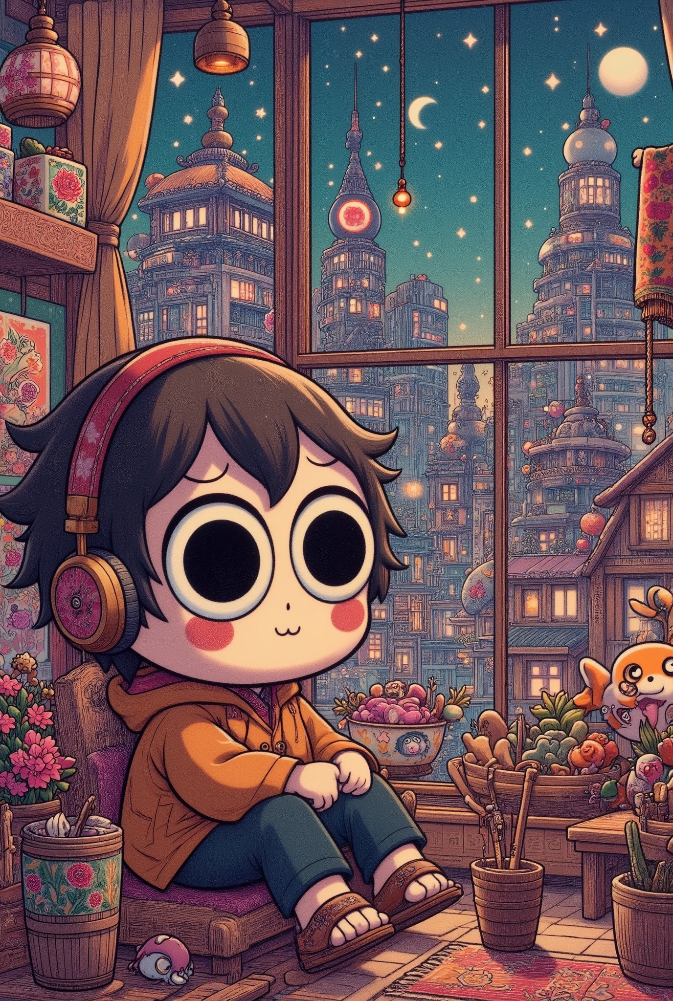 "A cute male anime character wearing headphones, sitting near a window with a view of the night city, soft warm lights, nostalgic atmosphere, in a dreamy lo-fi style."