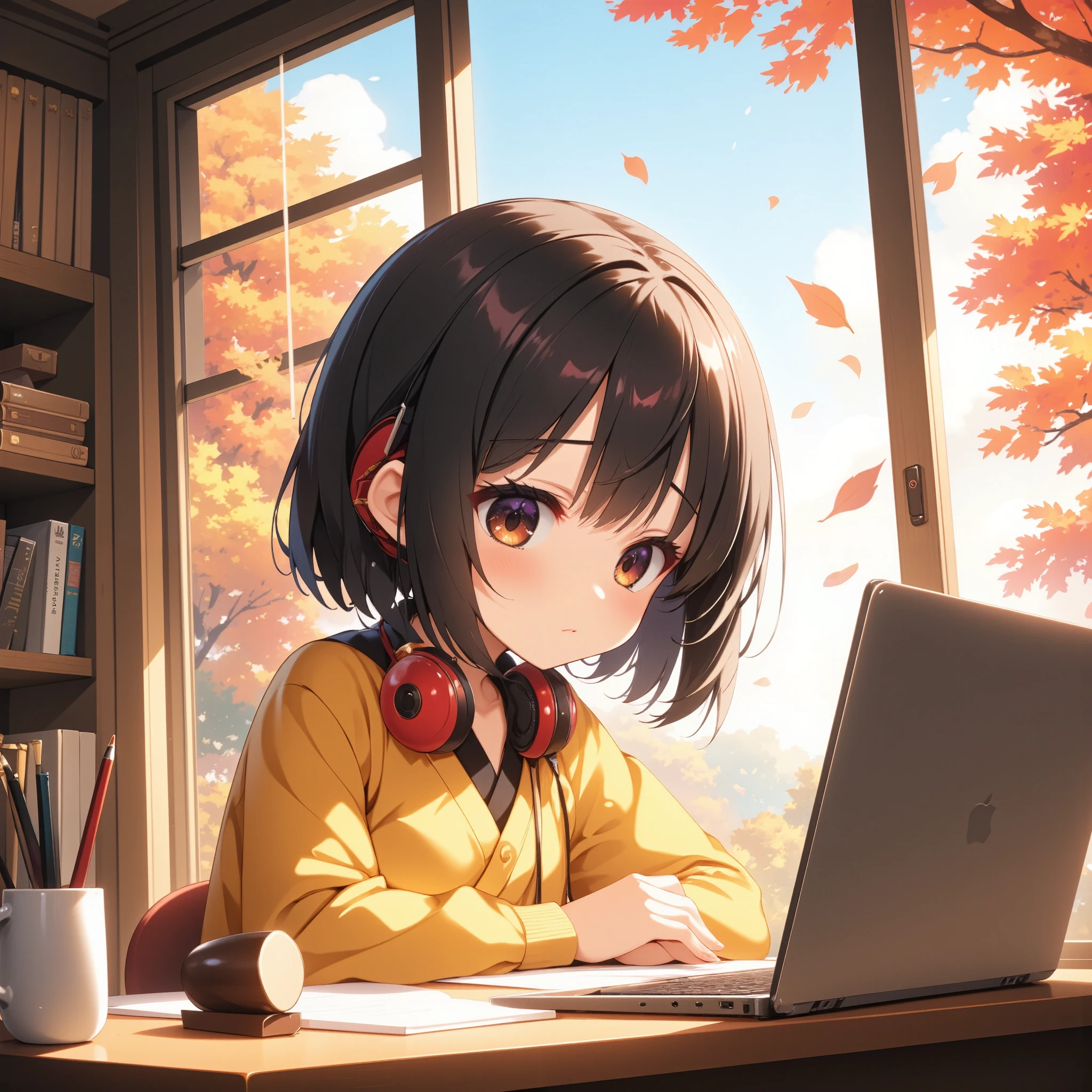 "A cute anime girl with headphones, studying at a desk, window open with autumn leaves falling, soft cozy lighting."