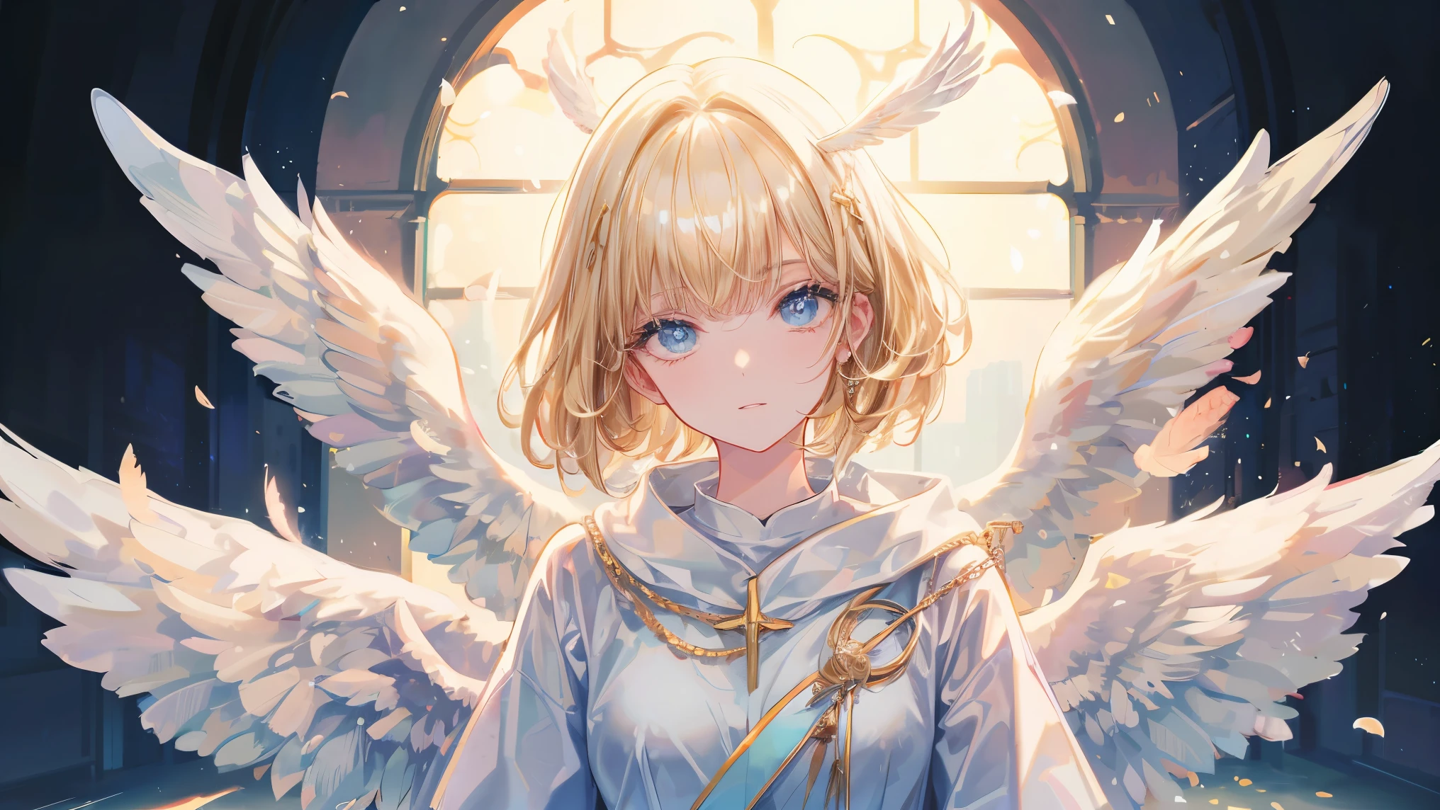 gorgeous adult woman, blonde hair, bangs, perfect eyes, soft light, high quality, 4k resolution, ((angel)), An angel with wings on his back, an angel descending from the sky, feathers scattered in the background, light shining from above, at Cathedral