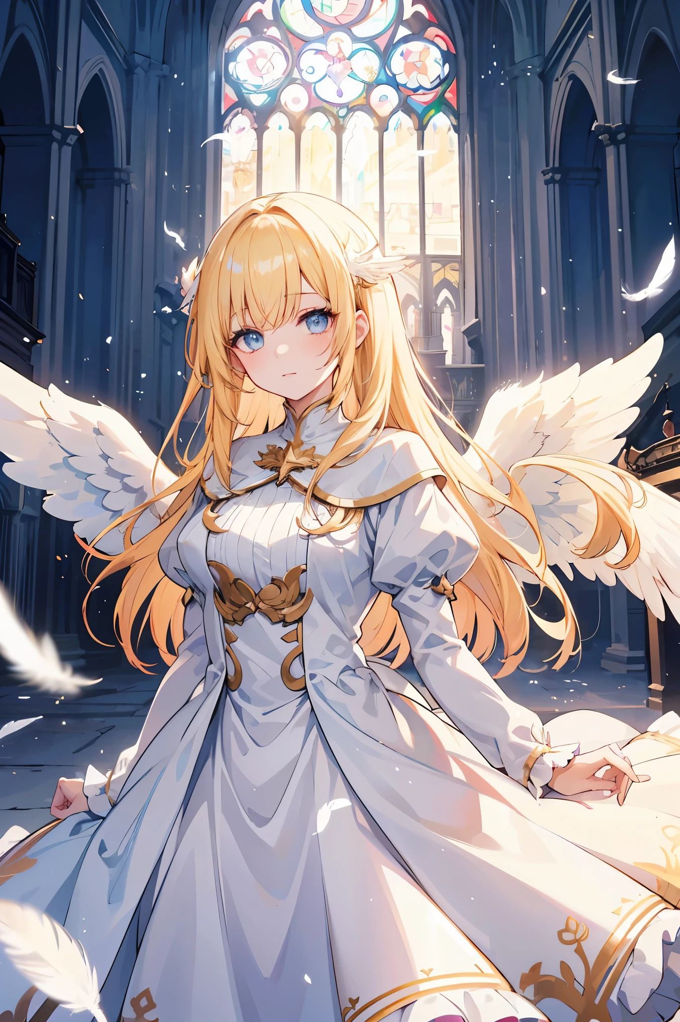 gorgeous adult woman, blonde hair, bangs, perfect eyes, soft light, high quality, 4k resolution, ((angel)), An angel with wings on his back, an angel descending from the sky, feathers scattered in the background, light shining from above, at Cathedral