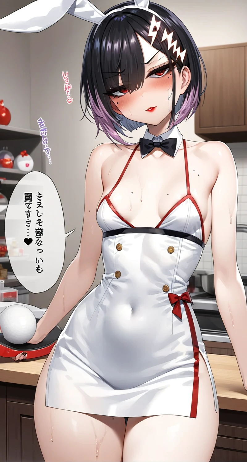 (nup, lab coat:1.2)、1girl、(((best quality)), ((masterpiece)), (details), masterpiece, best quality, high quality, ulutra detailed, perfect face, ((1girl, blue eyes, cat ears: 1.3 silver bob hair: 2.5,))、Shiny Hair、Glowing Skin、blush、Lustful look、White、White shirt、Black tight skirt、Black Stockings、High heels、Sit on a chair、valley、Small breasts、Holding a cutting board、Holding a pen、Hospital examination room、whole body、