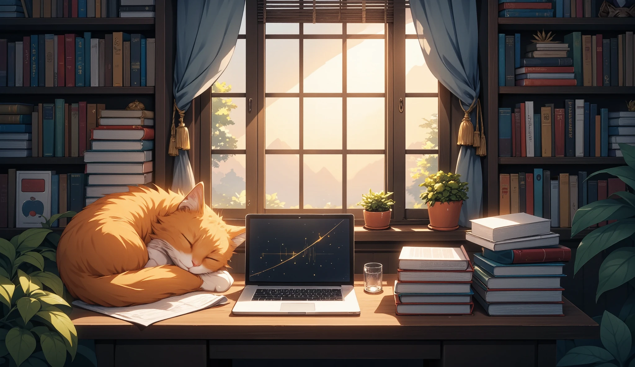 "A peaceful lo-fi study room with warm lighting, books, a laptop playing music, and a cat sleeping by the window."