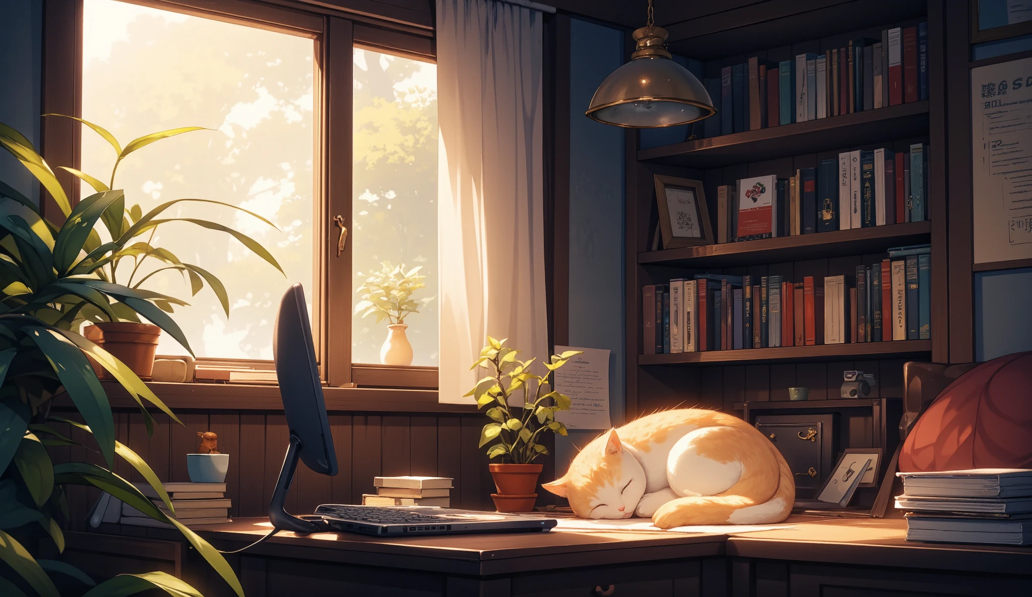"A peaceful lo-fi study room with warm lighting, books, a laptop playing music, and a cat sleeping by the window."