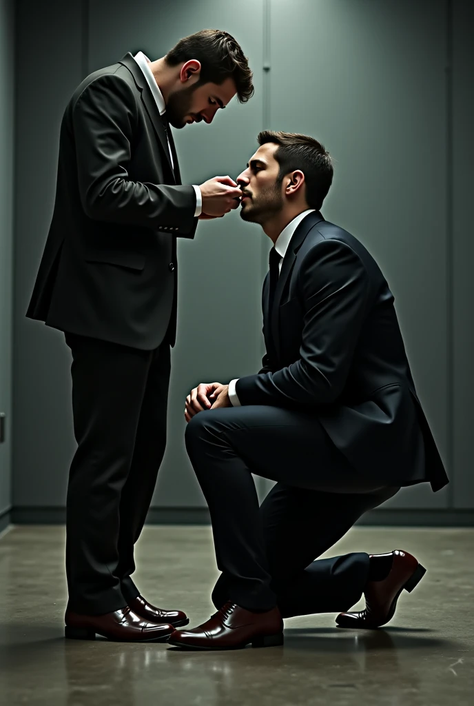 Create a hyper-realistic, high-resolution RAW image featuring TWO EXTREMELY HANDSOME MEN TOGETHER in a brightly lit office setting. The focus is on the intense interaction between the two men, with every detail rendered to achieve an absurdly realistic result.

Man A, Age 48: A strikingly handsome man with light-colored eyes and short hair showing early signs of balding. He is dressed in dark pants, formal shoes, and an open, *extremely shiny black leather puffer jacket* that exposes his hairy chest and slightly prominent belly. Man A is positioned on all fours on the office floor, wearing a visible expression of deep humiliation and forced submission. A collar, resembling that of an animal, is around his neck, and he is being pulled by it.

Man B, Age 31: The dominant figure in the scene, Man B is the boss, with short hair, light skin, and a naturally attractive, non-muscular build. He is dressed in sharp, well-fitted business attire, including a dress shirt and formal trousers. He stands tall next to Man A, gripping the animal collar with a smug, authoritative expression as he pulls it, forcing Man A’s head upward toward the camera. His body language and facial expression convey clear dominance and a sense of power over the humiliated employee.

The office is brightly lit, with clean, modern decor, enhancing the stark contrast between the submissive posture of Man A and the authoritative stance of Man B. The image should capture the fine details of their clothing, facial expressions, and the dynamic interaction, emphasizing the realism of the scenario and the power imbalance between the two men. Every aspect should be meticulously detailed to create an image of striking realism.