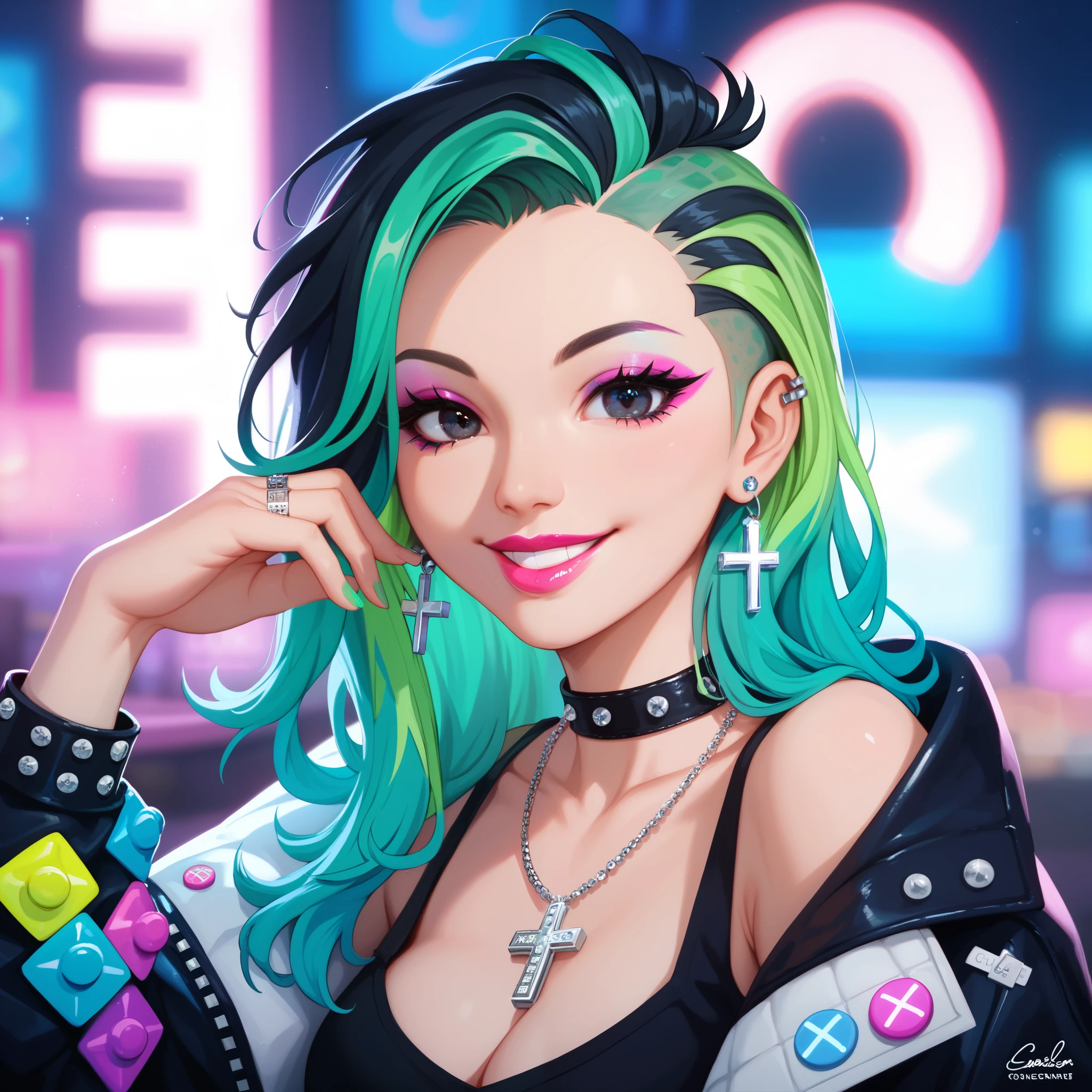 punk clothes, punk accessories, cross, rings, checker, 1girl, blurry, solo, long hair, depth of field, (two-tone hair, neon light green hair, black hair), blurred foreground, , necklace, black eyes with pink tint, blurred background, smile, looking at viewer, forehead, jewelry, makeup, breasts, lips, lipstick, cinematic niji anime, bioluminescence hair, illumination, luminescent lighting effects,