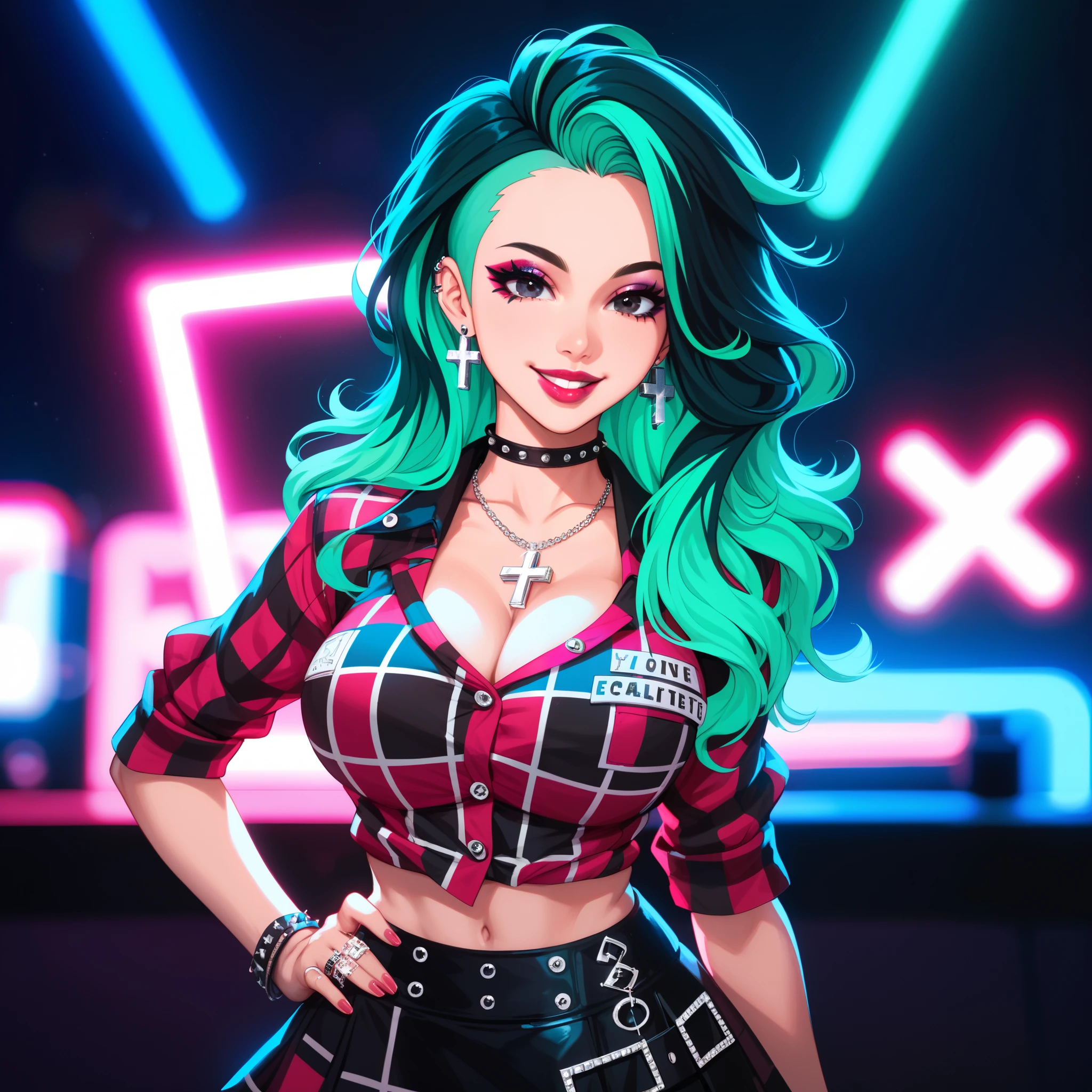 checkered red button-down shirt, mini skirt, punk clothing, punk accessories, cross, rings, checker, dark background, dark saturated colors, large ample breasts, ample hips, 1 girl, blurry, solo, long hair, depth of field, (two-tone hair, neon light green hair, black hair), blurred foreground, , necklace, black eyes with pink tint, blurred background, smiling, looking at viewer, forehead, jewelry, makeup, breasts, lips, lipstick, cinematic niji anime, bioluminescence hair, illumination, luminescent lighting effects,