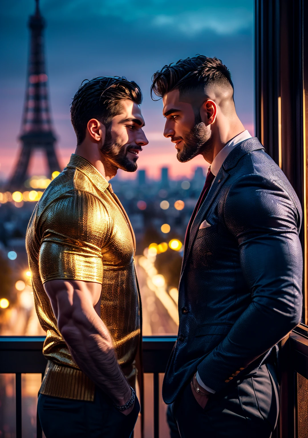 (Size Difference 1.3) muscular handsome arab man and skinny American man, lean on couch, beautiful detailed face, extremely detailed eyes and face, longeyelashes, perfect body, sensual embrace, passionate kiss, The bigger man in whitesuit, the other wear black suit, candle light, dramatic chiaroscuro lighting, cinematic composition, realistic, photorealistic, photo-realistic:1.37, best quality,8k,highres,masterpiece:1.2,ultra-detailed