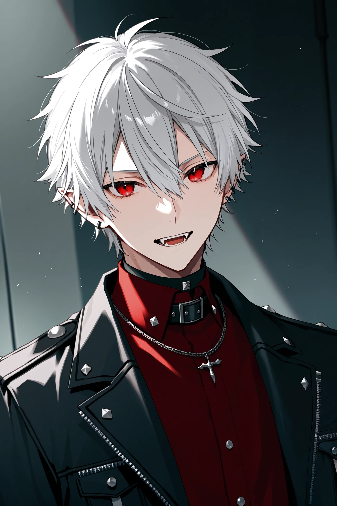 1boy ,Alone, gothic, fangs, red shirt, black jacket,Kuzuha vtuber