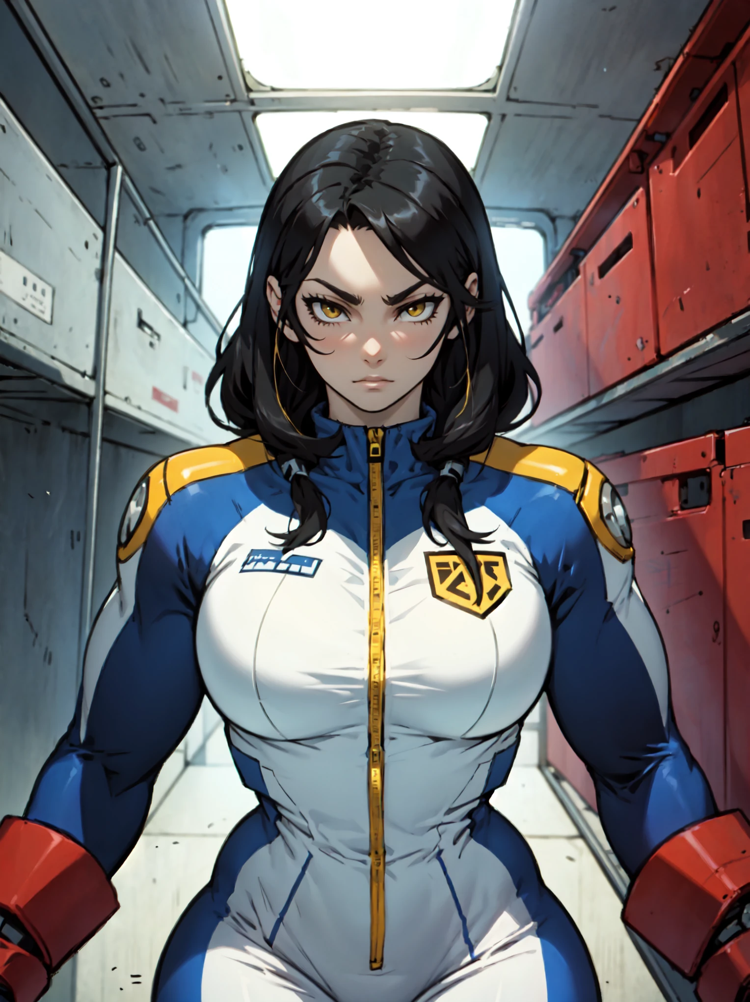massive hair huge tits giant muscles expressionless sad girl black hair long hair yellow eyes pale skin extremely thick ((alien suit inside spaceship cockpit))