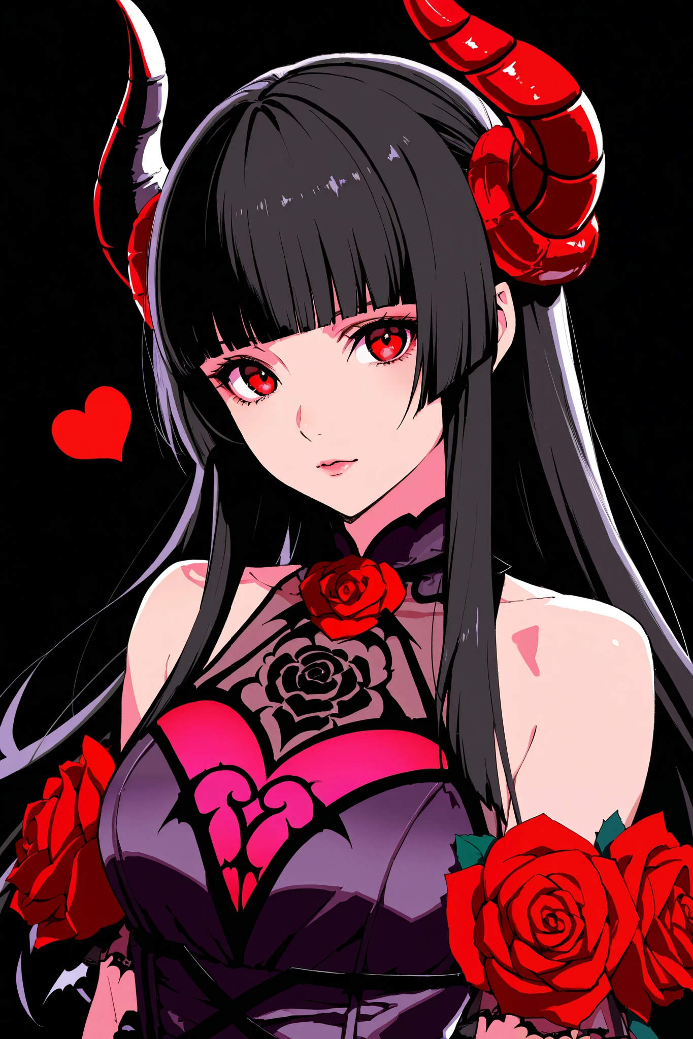 Elize \(Tekken\) , 1girl, solo, long hair,  looking at viewer, bangs, black hair, red eyes, upper body, heart, detached sleeveless dress, horns, blunt bangs, makeup, rose, black background, vampire