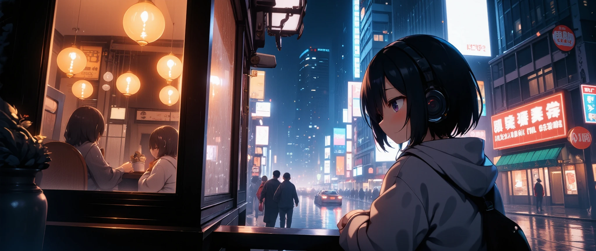 "A cozy nighttime cityscape with glowing neon signs, light rain falling, and a young girl with headphones sitting by a café window, warm atmosphere, in a dreamy lo-fi anime style."