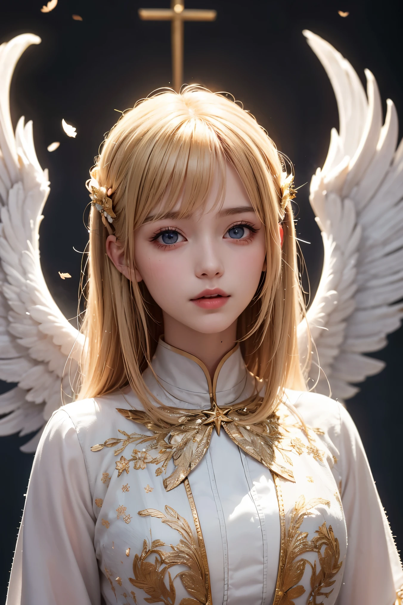 gorgeous adult woman, blonde hair, bangs, perfect eyes, soft light, high quality, 4k resolution, ((angel)), An angel with wings on his back, an angel descending from the sky, feathers scattered in the background, light shining from above, at Cathedral