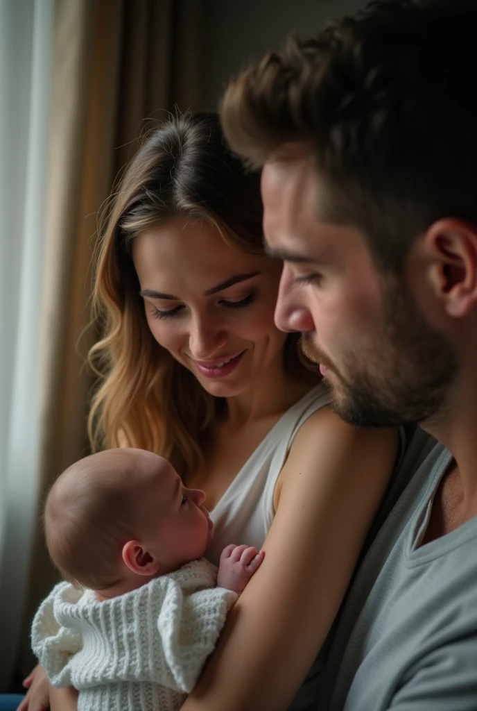 Na foto de família com clear, Lucas and little Catharina, all three are captured in a moment of tenderness and connection.

**clear**: He has a soft smile, exuding a sense of calm and happiness. She wears a comfortable, flowery dress, which highlights its casual and welcoming style. Her hair is tied up in a messy bun, and she wears some light makeup, that enhances your natural features. Their eyes, still a little tired, shine with love and pride as they look at their daughter.

**Lucas**: Ao lado de clear, Lucas is in a protective and affectionate pose. He wears a casual button-down shirt and jeans., a look that matches your laid-back, confident image. her hair is a little messy, reflecting on your sleepless nights, but your smile is wide and genuine, showing the happiness of being a father. He holds Catharina with a loving firmness, your gaze full of devotion.

**Catharina**: Little Catharina is in Lucas&#39; lap, wrapped in a white jumpsuit with pink details, which highlights her lovely and delicate appearance. Your hair is thin and sparse, and her eyes are still small and curious. She is sleeping peacefully, with a slight smile on your face, completely oblivious to the world around her. Your skin is smooth and rosy, reflecting the health and vitality of a newborn baby.

The photo is taken in a cozy and well-lit environment, possivelmente na sala de estar do apartamento de clear. The scenery in the background is simple, with a comfortable sofa and some subtle decorations that create a cozy and familiar atmosphere. The image captures the essence of a happy and intimate moment, highlighting the joy and newly formed unity of this little family.