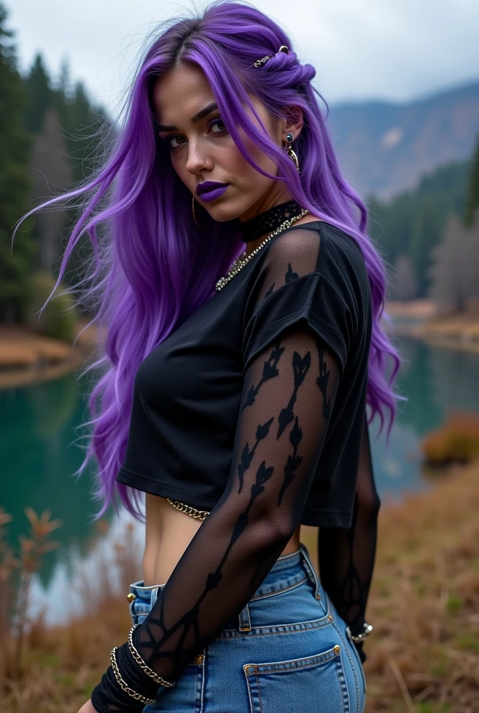 Girl with long purple hair slim, cuteface, little chest, In dark jeans, Squatting