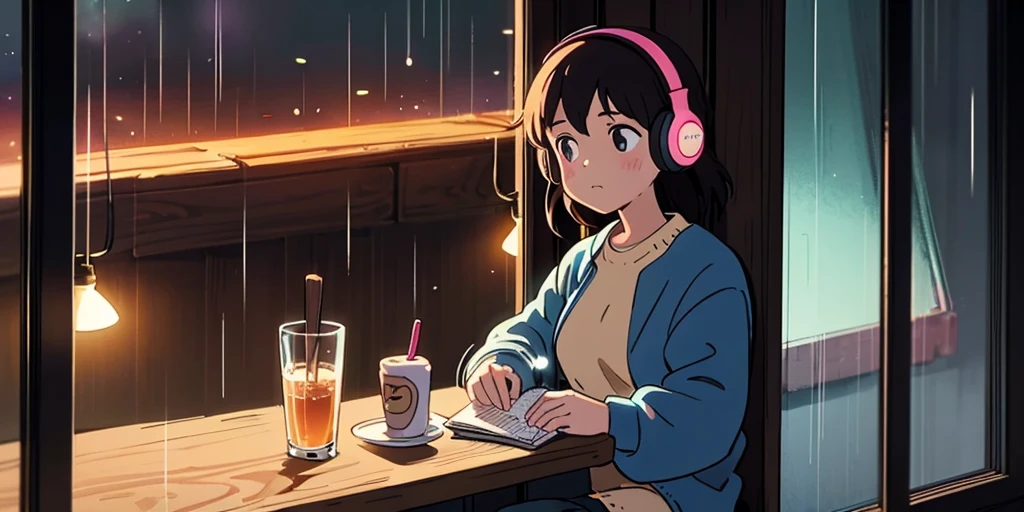 "A cozy nighttime cityscape with glowing neon signs, light rain falling, and a young girl with headphones sitting by a café window, warm atmosphere, in a dreamy lo-fi anime style."