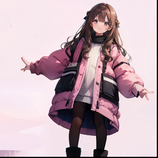 Mastepice、 super detailed、 high quality from near the giants、's greatest masterpiece、 highest quality, 1 girl, brown hair:1.5、 long wavy hair、 brown eyes、 alone、 with both hands raised、very happy smile 、Winter clothes、{{ pink background、 Background:1.8}}、 full body esbian 、icon、