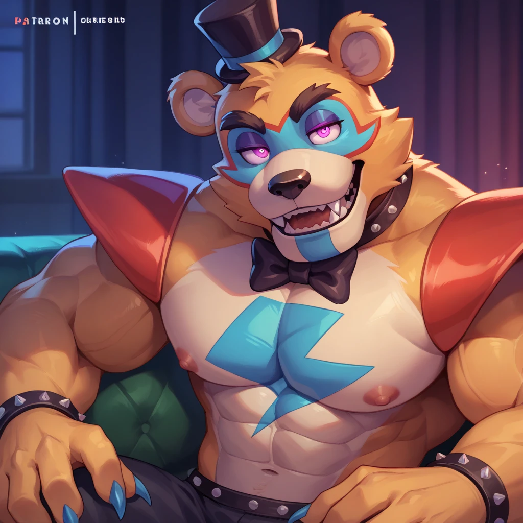 best anatomy, best quality, (by null-ghost,by darkgem,by pino daeni,by zoroj, by redrusker), (furry art, soft shading:1.1), bara, (furry glamrockfreddy,:1.1) robotic bear, (broad shoulders, narrow waist:1.05), 5 fingers, ear ring, blue eyes, black nose, blue claws ,standing in a bedroom, masterpiece, Ultra highest quality, unreal engine, trending on ArtStation, Intricate, Ultra heavy High Detail, dramatic, realism, blue leather thong, realistic, sitting, muscle, furry, day, looking_at_viewer, Ultra heavy detailed eyes, Ultra heavy detailed body, Ultra detailed heavy face, expressive, masculine, BDSM harness, white fur, hyper realisitc,