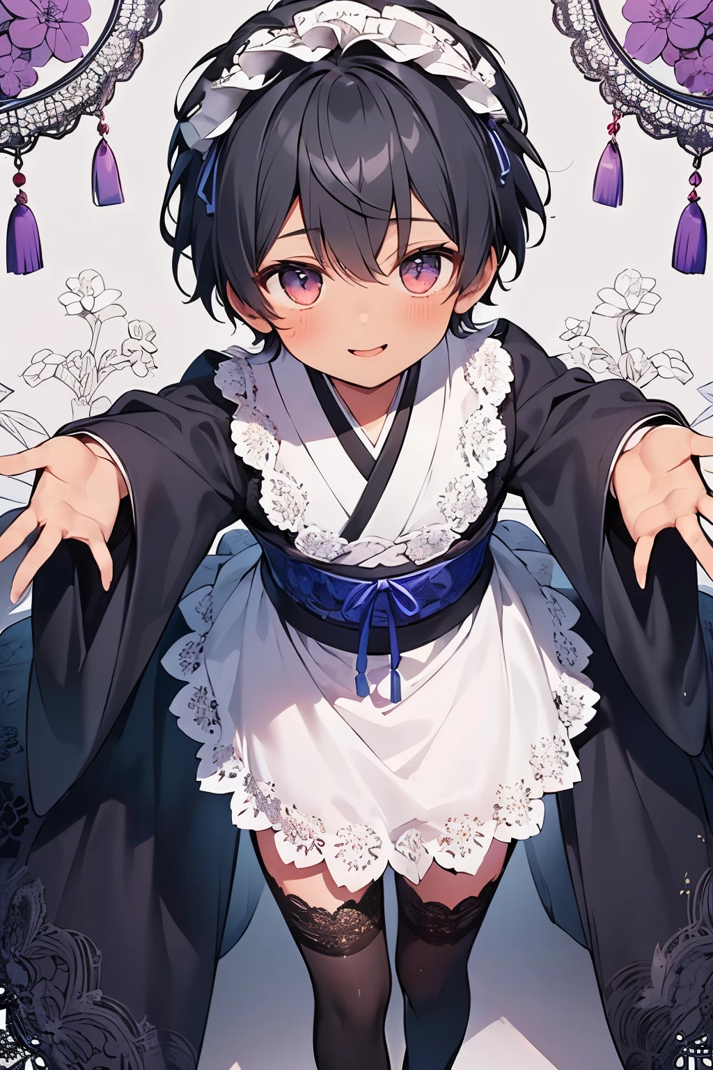 ((1-boy :1.3)),((handsome Gay:1.2)),(( An Adult Man :1.15)),short Karl hair,darkblue hair,(lace pattern background:1.25),Red,yellow,purple,((dark skin body:1.5)), shiny ,((top view:1.0)),((purple Japanese Gothic and ta:1.1)),(black and white voluminous dress with frills and lace:1.15),((lace Headdress:1.0)),(gorgeous hairpin:1.0),((lace-topped stockings:1.2)),(open your mouth:1.0),smile,((open arms for viewer:1.1)),