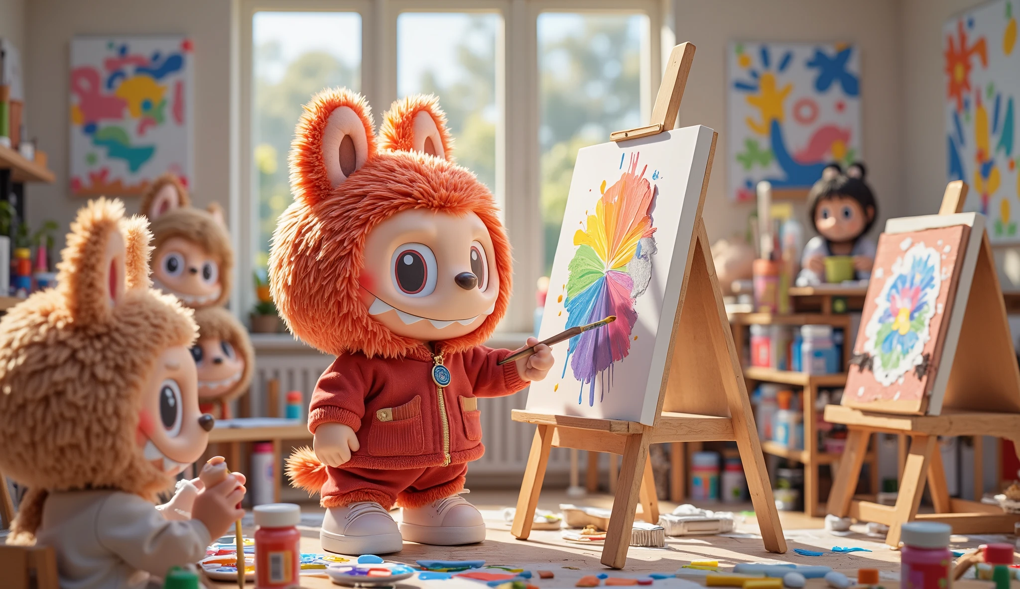 A red Labubu as a male student, wearing a neatly fitted school uniform for boys, stands in front of a canvas inside a bright and cheerful classroom. Holding a paintbrush in his small paw, he carefully strokes vibrant colors onto the canvas, his expression focused and full of creativity.
Surrounding him, several other Labubu students with various fur colors are also painting on their own canvases, each immersed in their artistic expression. Some Labubu tilt their heads as they concentrate, while others smile as they mix colors on their palettes. The classroom is filled with an atmosphere of inspiration, with paint bottles, brushes, and finished artworks scattered around. The walls are adorned with colorful paintings, showcasing the creativity of the Labubu students.