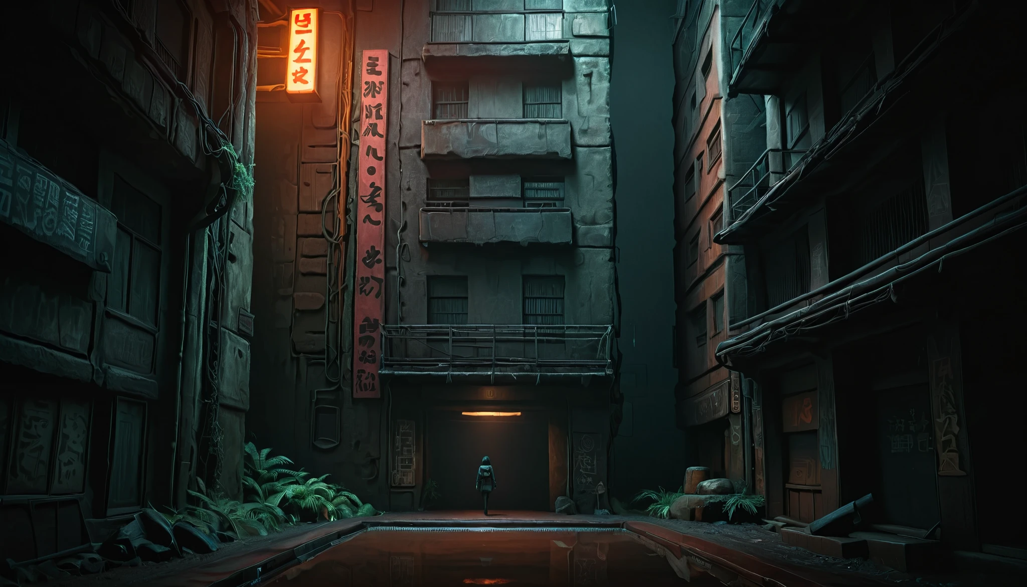 (((anime style))), (game graphics)),((simple background)), fear, cyberpunk old metal well ,4 k resolution blade runner