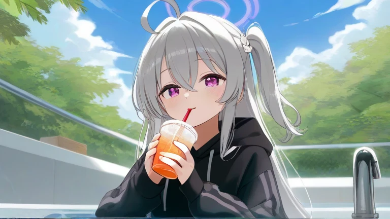 young girl, Long white hair, dragon horns, Yellow eyes, black skin, Black Girl, white tanktop, open belly, Shorts, tattoo, smirk, milkshake, park background, Masterpiece, hiquality, 4k, HD, Good detail