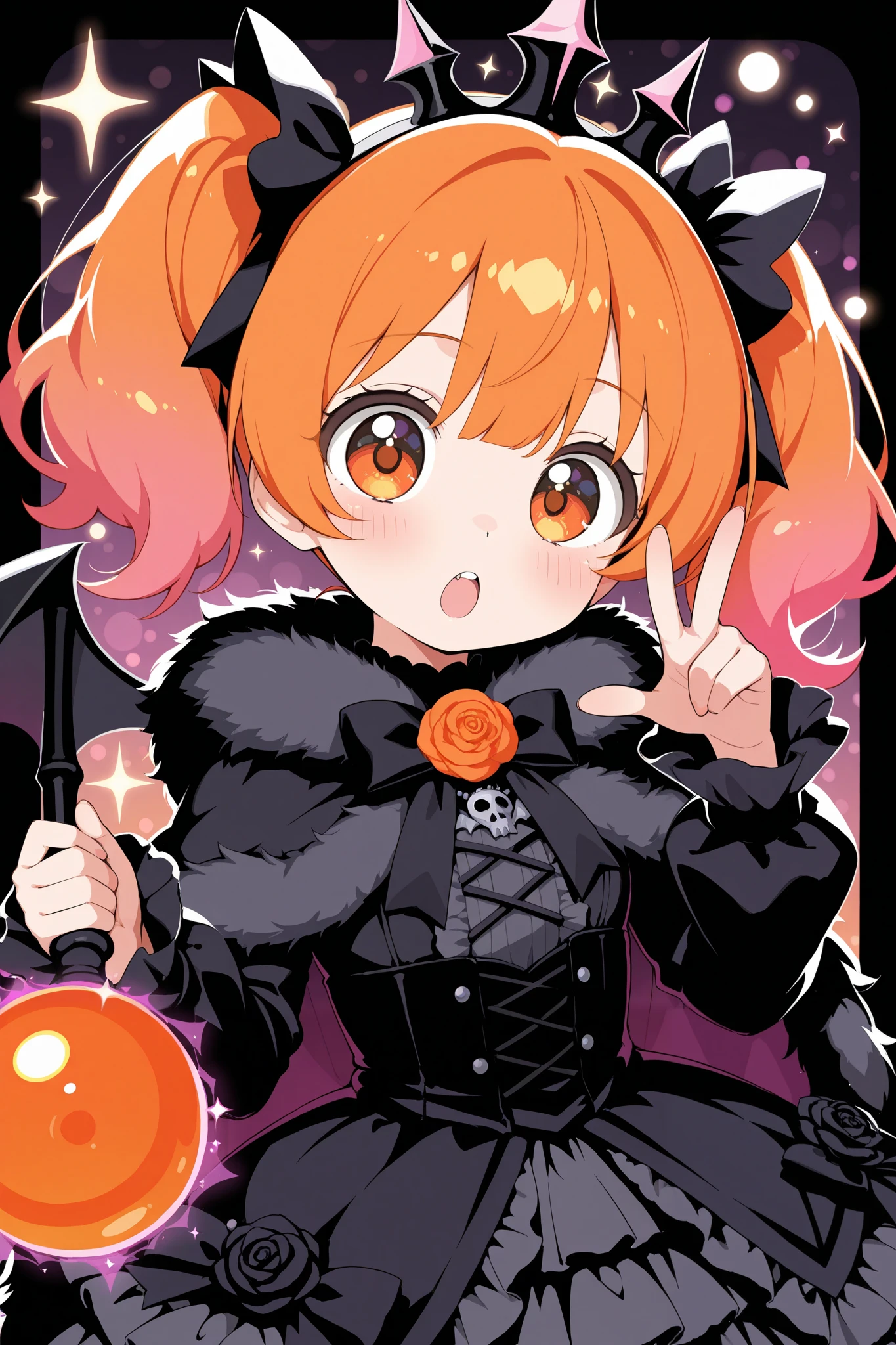 1girl, kawaii style, big eyes, thick lines, cute, 1girl, sparkles, dark magic, dark gothic, frill dress, fur cape, gothic pastel theme, cherries, black and bright orange color palette, harajuku style, rococo background, magical bat bokeh sparkles, sfw, roses, best quality, amazing quality, masterpiece, absurdres