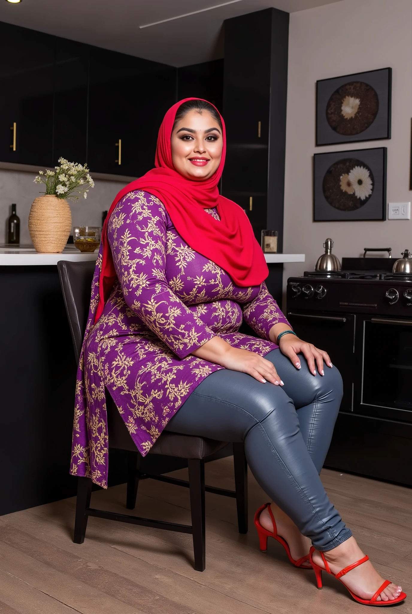 I am 50 year old plus size tall and big giant indian muslim women, looking like indian actress hansika motwani, wearing a purple and gold mix colour printed Sleevless knee length kurti, and dark blue leather jeans and red hijab,white-skin,
white skin tone, beautiful face, red lips, clean skin, celebrity face, thick leggs, round ass,bulging ass,huge breast,scooping D cup Breast,long polished nails,6 inch gold and red mix stileto heels,
women sitting on a chair side view only in a black painted kitchen,women have huge bulging ass, happy face,looking the viewer,realistic photo,full body image,wide angle shot in camera, realistic photo, looking on camera for a snap,a quarter back side view of women,UHD photo,generate only woman sitting images and no standing images,