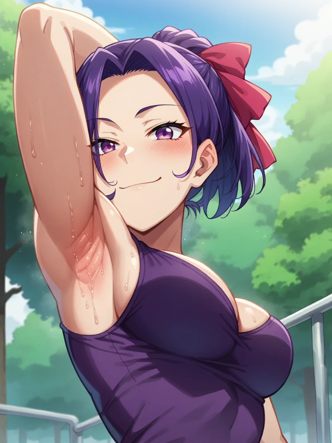 score_9, score_8_up, score_7_up, source_anime,
HinatsuruKNY, black hair, ponytail, purple eyes, sleveeless, bare shoulders, ((short kimono)), open forehead, lipstick, hair pulled back
(((bikini )), smile big breasts ,
solo, looking at viewer, cowboy shot, black bikini