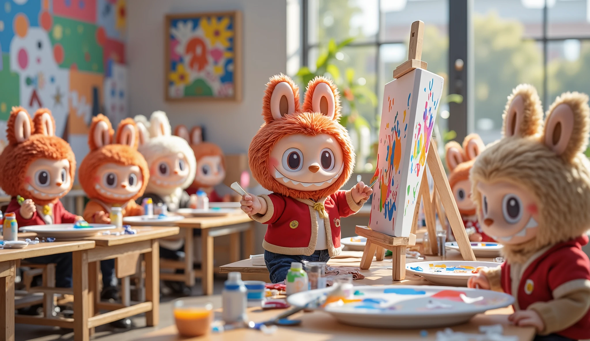 A red Labubu as a male student, wearing a neatly fitted school uniform for boys, stands in front of a canvas inside a bright and cheerful classroom. Holding a paintbrush in his small paw, he carefully strokes vibrant colors onto the canvas, his expression focused and full of creativity.
Surrounding him, several other Labubu students with various fur colors are also painting on their own canvases, each immersed in their artistic expression. Some Labubu tilt their heads as they concentrate, while others smile as they mix colors on their palettes. The classroom is filled with an atmosphere of inspiration, with paint bottles, brushes, and finished artworks scattered around. The walls are adorned with colorful paintings, showcasing the creativity of the Labubu students.