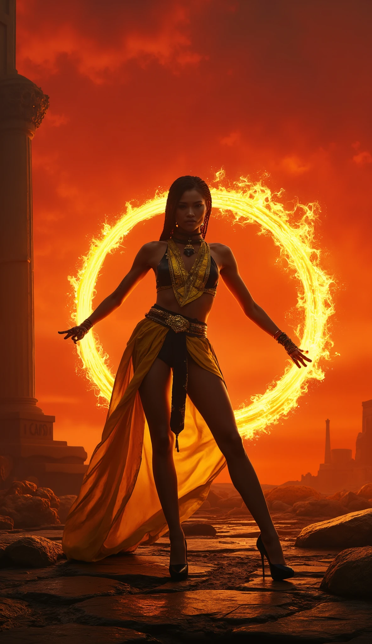 **Zendaya like Tanya ** offers an enigmatic and lethal interpretation of the treacherous warrior of *Mortal Kombat*. Faced with an epic scenario—a ruined temple under a red sky , where flames dance in the wind and the sound of distant battles echoes through the air—she stands firm, her slender silhouette stands out against the crevice light Scolo .
wearing a ** yellow and black costume impeccably faithful to the original **, her body sculpted for combat Move with **Feline Agility **. The golden tribal details shine under the reflection of the shadows , while the belt attached to her waist ripples with the wind , echoing the fluidity of his deadly blows . your eyes sparkle with **cunning and determination **, making it clear that Tanya is not a simple warrior , but a natural strategist , always one step ahead of his enemies .
Her feet touch the ground softly as she assumes a perfect fighting posture . ** Each movement is a spectacle of speed and precision **, her acrobatic kicks cut through the air like blades , and her hands shine with fiery energy , ready to launch flaming projectiles at any opponent who dares to challenge her .
The sky lights up when she unleashes her final attack . With a graceful and devastating jump , it envelops the opponent in a circle of fire , watching him be consumed by flames . ** An enigmatic smile crosses her lips ** — Tanya Never play for the right side of history , but she always finds a way to win .
**Zendaya like Tanya ** embodies the essence of the character with perfection : **speedy, treacherous and absolutely lethal **. on the battlefield, she doesn't fight for a kingdom or a king — ** she fights only for herself **.