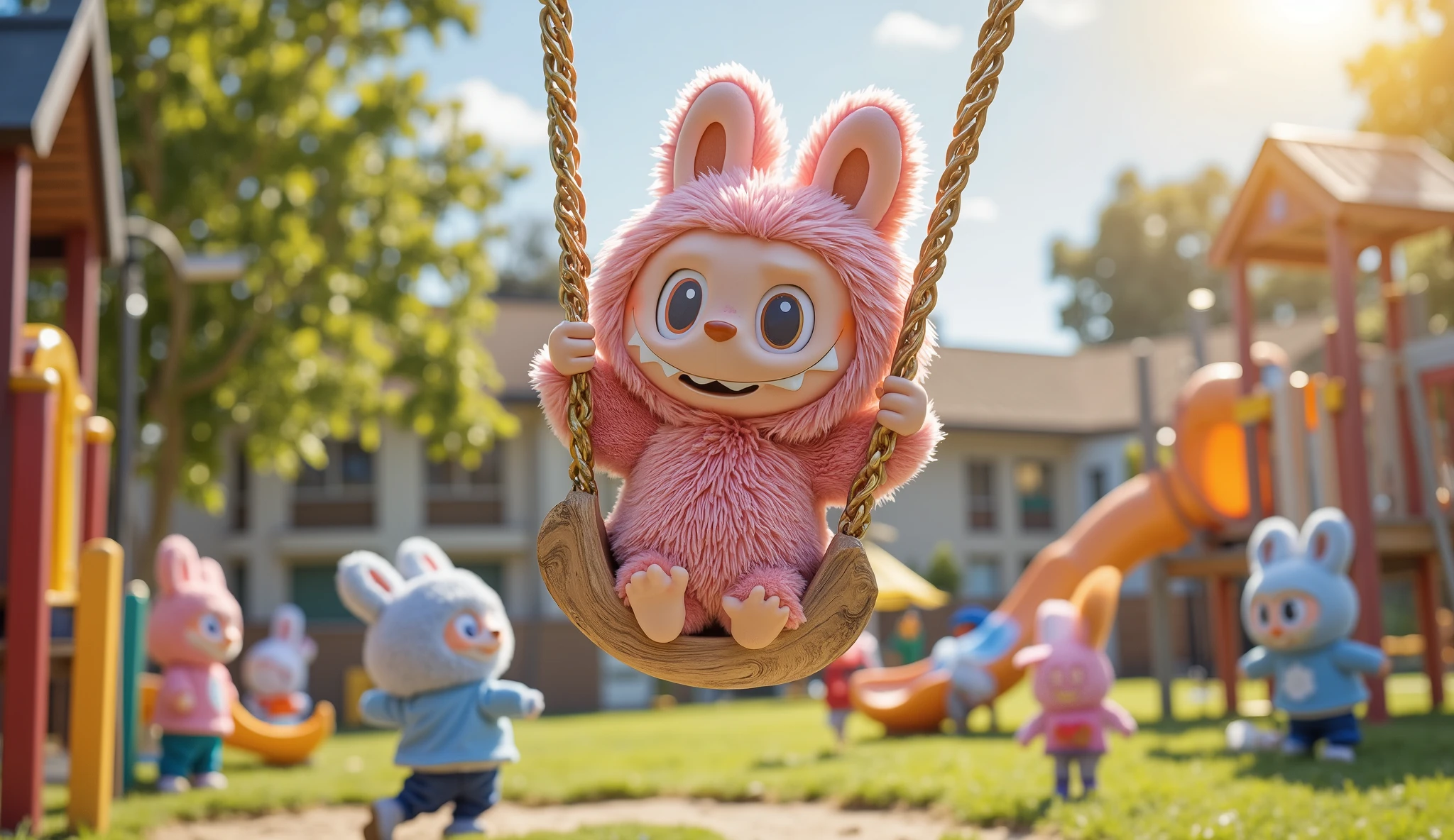 A pink Labubu joyfully swings on a school playground swing, its small paws gripping the chains tightly as it soars through the air. A bright smile stretches across its fluffy face, eyes gleaming with excitement. Behind, a blue Labubu stands with a playful expression, gently pushing the swing forward with both paws. The playground is lively, surrounded by other Labubu playing and laughing, with colorful slides, climbing structures, and a soft grassy ground. The atmosphere is filled with happiness as the morning sun casts a warm glow over the cheerful scene.