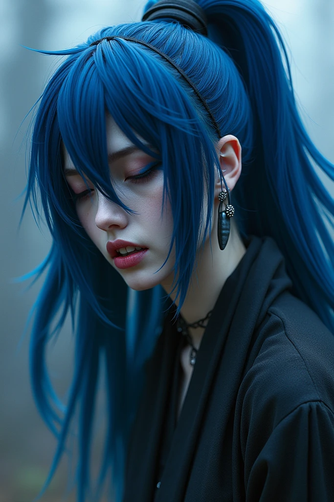 Gothic girl with blue hair and black eyes