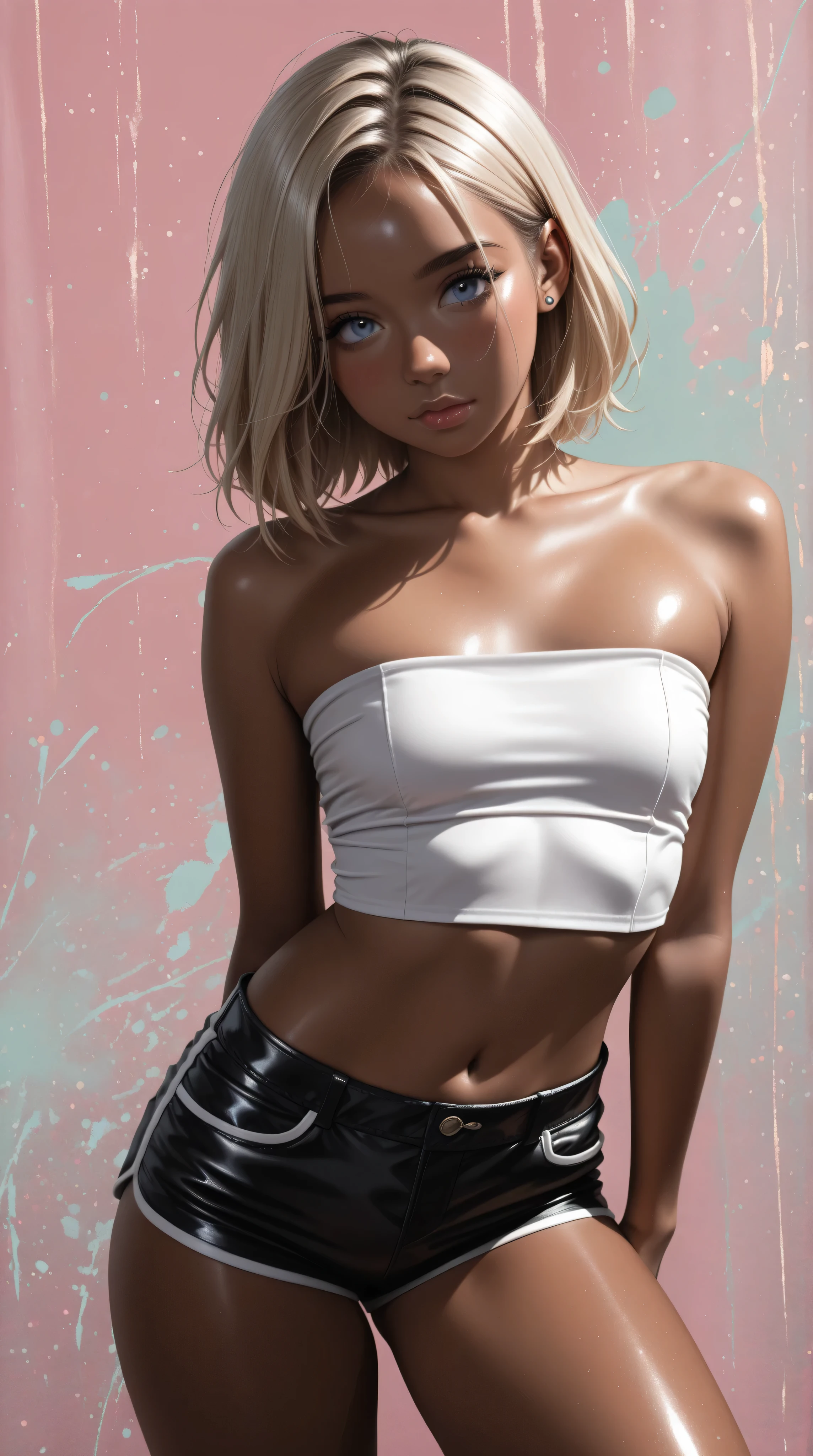 Wildlife, ((Best resolution)), ((high quality:1.2)), Work of art, 8k, extremely detailed, ((High detail:1.2)), (HotLexi woman), Solo, 24 year old Gyaru Japanese female, (mini-shorts, crop strapless), (beautiful perfect face:1.23), Kizi,(eyes looking off to side), Highly detailed, Amazing work,Vitreous luster, blues, yellows, Best quality at best,shiny skin, no background, colorful background, green background, pink background, gold, background, plunging neckline, sexy pose, dynamic pose, heavy blushing, small breasts,