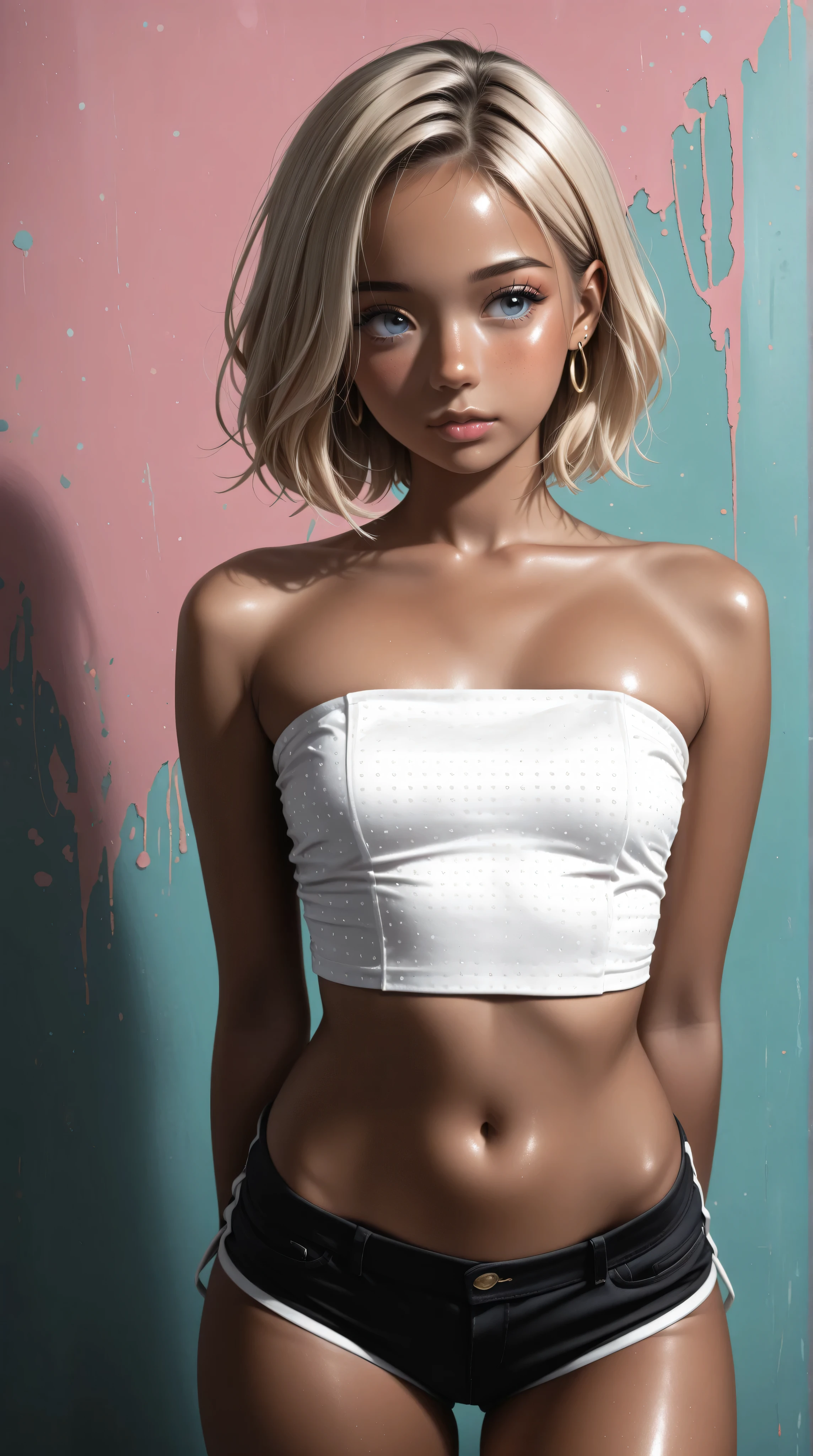 Wildlife, ((Best resolution)), ((high quality:1.2)), Work of art, 8k, extremely detailed, ((High detail:1.2)), (HotLexi woman), Solo, 24 year old Gyaru Japanese female, (mini-shorts, crop strapless), (beautiful perfect face:1.23), Kizi,(eyes looking off to side), Highly detailed, Amazing work,Vitreous luster, blues, yellows, Best quality at best,shiny skin, no background, colorful background, green background, pink background, gold, background, plunging neckline, sexy pose, dynamic pose, heavy blushing, small breasts,