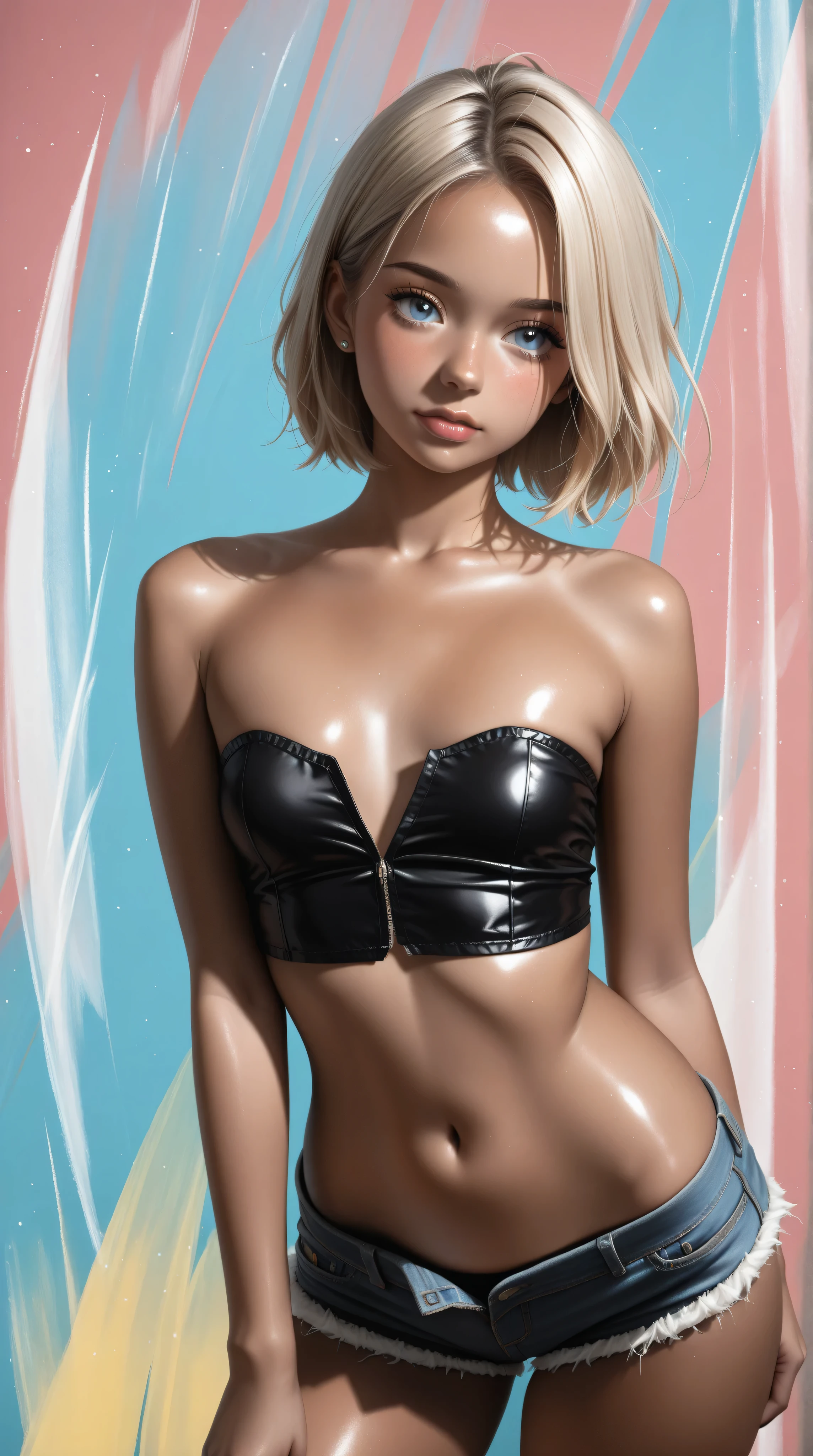Wildlife, ((Best resolution)), ((high quality:1.2)), Work of art, 8k, extremely detailed, ((High detail:1.2)), (HotLexi woman), Solo, 24 year old Gyaru Japanese female, (mini-shorts, crop strapless), (beautiful perfect face:1.23), Kizi，(eyes looking off to side), Highly detailed, Amazing work，Vitreous luster, blues, yellows, Best quality at best，shiny skin, no background, colorful background, green background, pink background, gold, background, plunging neckline, sexy pose, dynamic pose, heavy blushing, small breasts, 