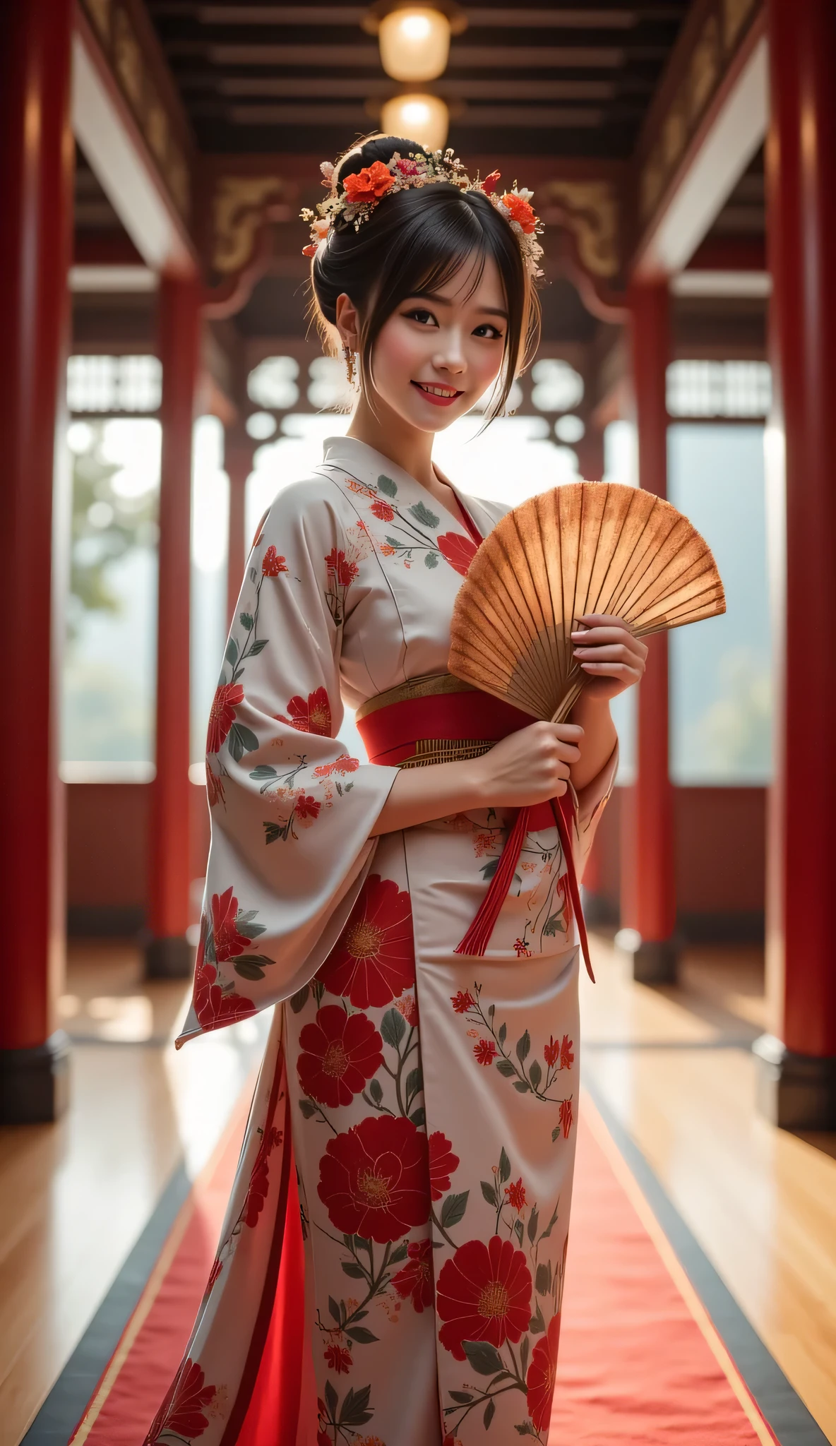 A symmetrically balanced distance wide angle image set in ancient tokugawa time era. The scene features a lively, luscious, and shapely anciently japanese geisha JAV woman with a blush and a smile, dressed in a shaped of anciently japan kimono bosomy tight dress, kimono obi. She is holding and showing up an ancient large size of folding fan accessory, which are intricately highlighted. The image is centered with wide central leading lines, and the scenery is that of inside the ancient japan palace. The lighting is soft, with the fullest depth of field. The woman's hands are realistic with accurately depicted human fingers, and her hair is shiny. The overall style is that of modelling photography, with influences from Artstation, Deviantart, and Unreal Engine art. The image has a ultra realistic upscale detailed 3D computer graphics feel, with elements of silkPunkAi artwork.(ultra realistic lifelike texture depth).